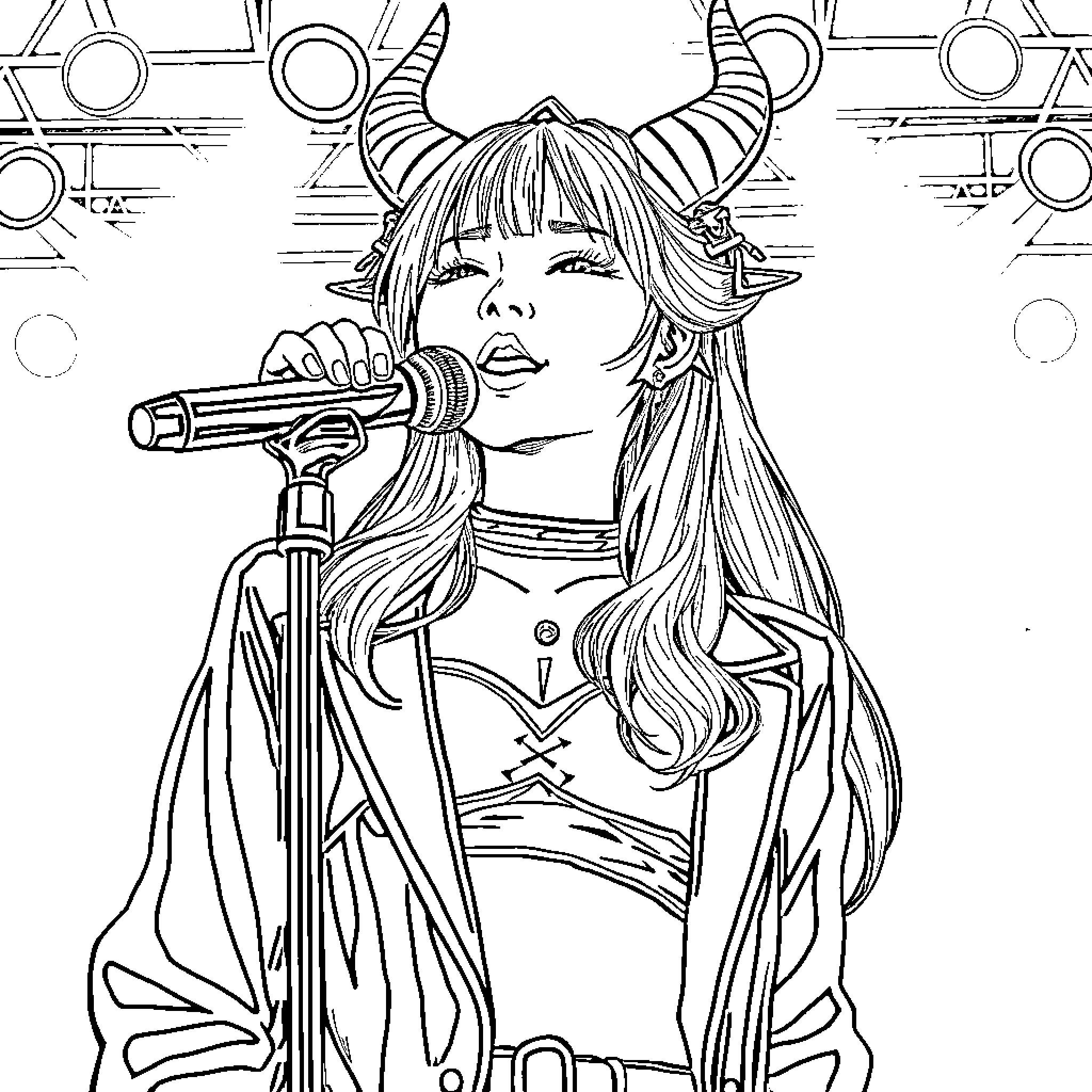 Rumi's Enchanting Musical Performance Coloring Page (free black-and-white line drawing printable PDF for all, from beginners to advanced learners, including children, teens, adults, and seniors)