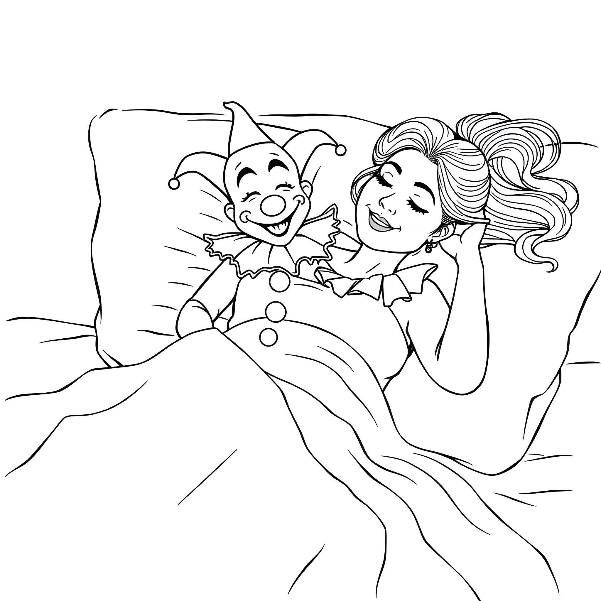 Woman in costume embracing jester figure Coloring Page (free black-and-white line drawing printable PDF for all, from beginners to advanced learners, including children, teens, adults, and seniors)