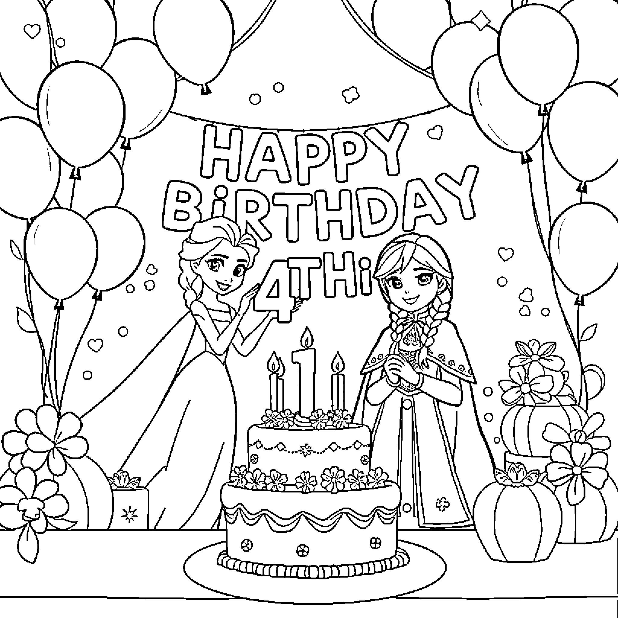 Elsa and Anna Celebrate a Happy Birthday Coloring Page (free black-and-white line drawing printable PDF for all, from beginners to advanced learners, including children, teens, adults, and seniors)