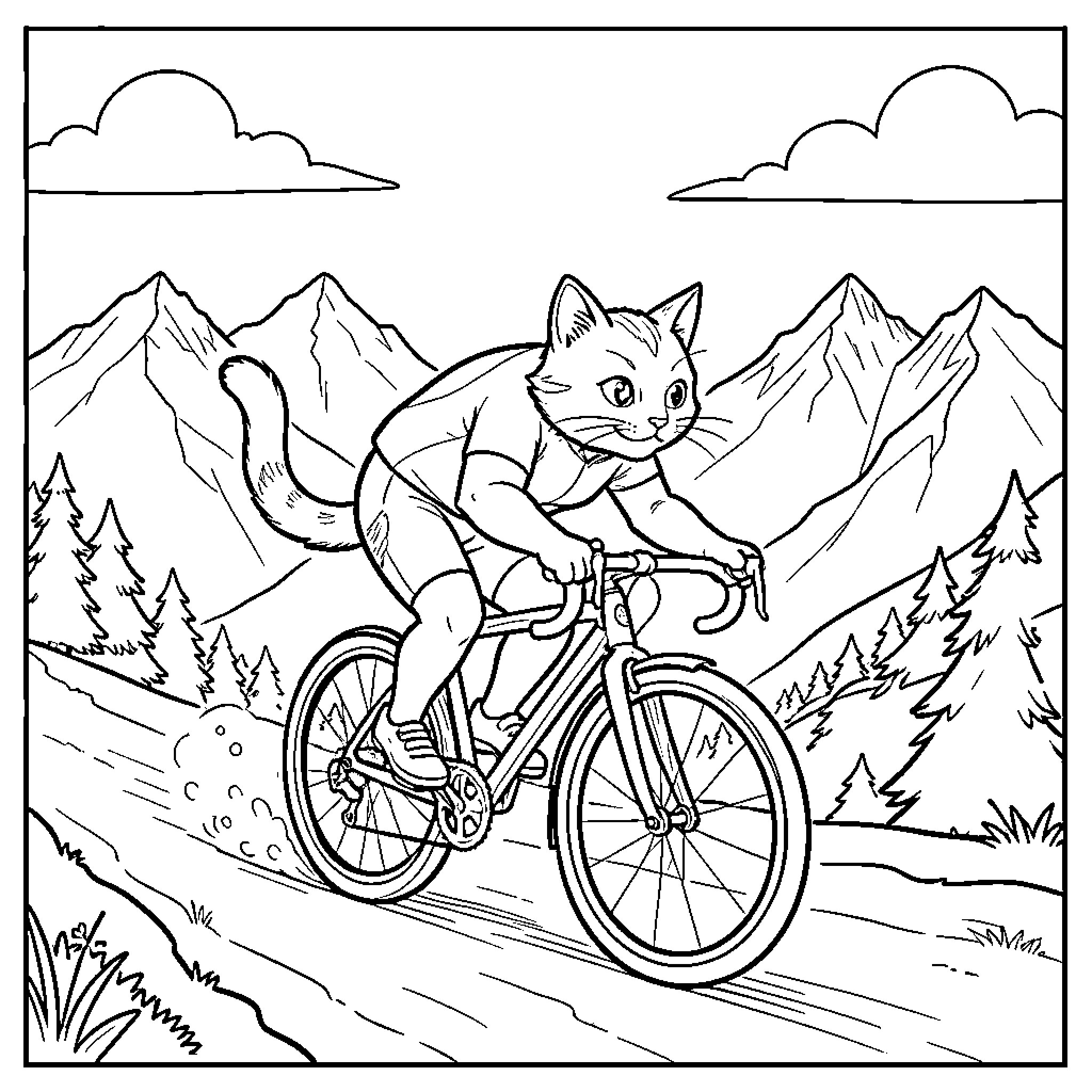 Cat cycling through the mountains Coloring Page (free black-and-white line drawing printable PDF for all, from beginners to advanced learners, including children, teens, adults, and seniors)