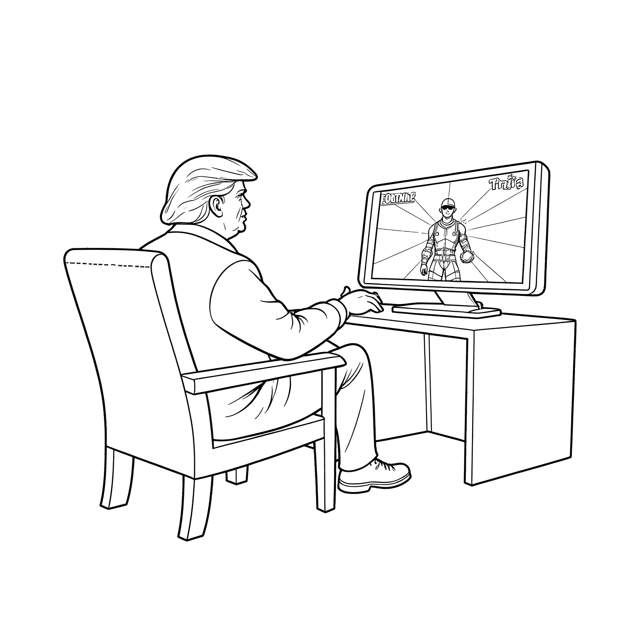Donald Trump playing video game at computer Coloring Page (free black-and-white line drawing printable PDF for all, from beginners to advanced learners, including children, teens, adults, and seniors)
