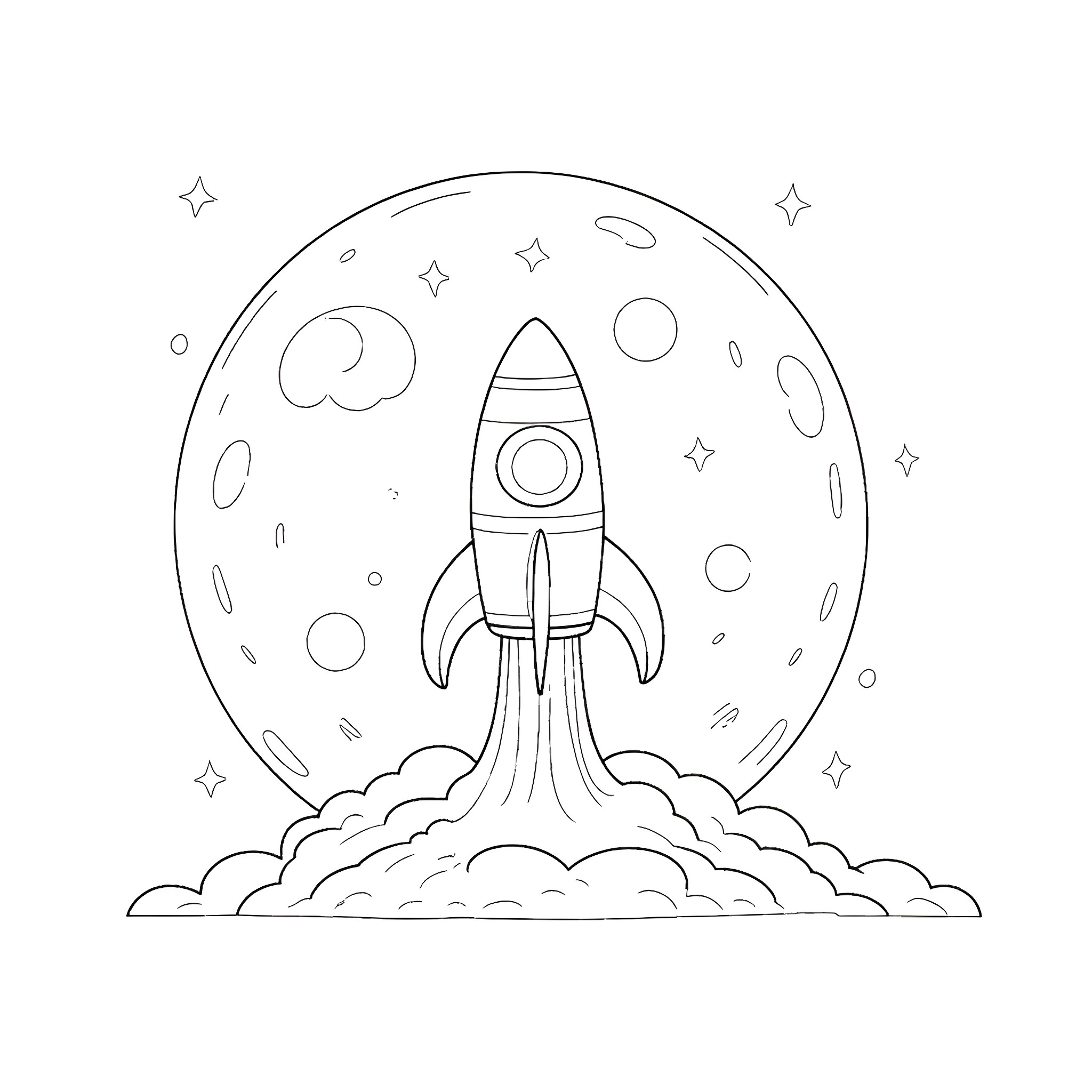Rocket Launching into Starry Space Coloring Page (free black-and-white line drawing printable PDF for all, from beginners to advanced learners, including children, teens, adults, and seniors)