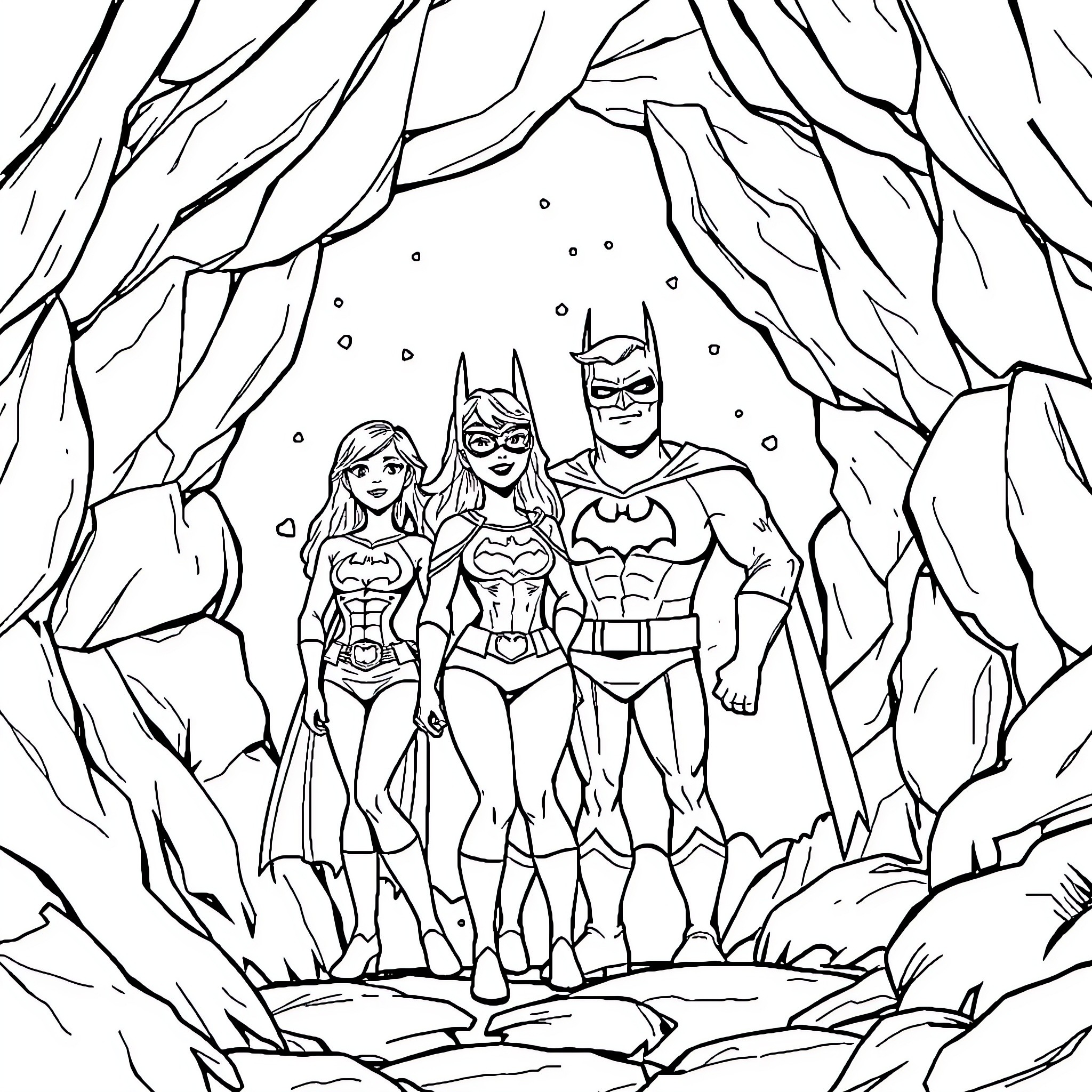 Batfamily adventure in the Batcave Coloring Page (free black-and-white line drawing printable PDF for all, from beginners to advanced learners, including children, teens, adults, and seniors)