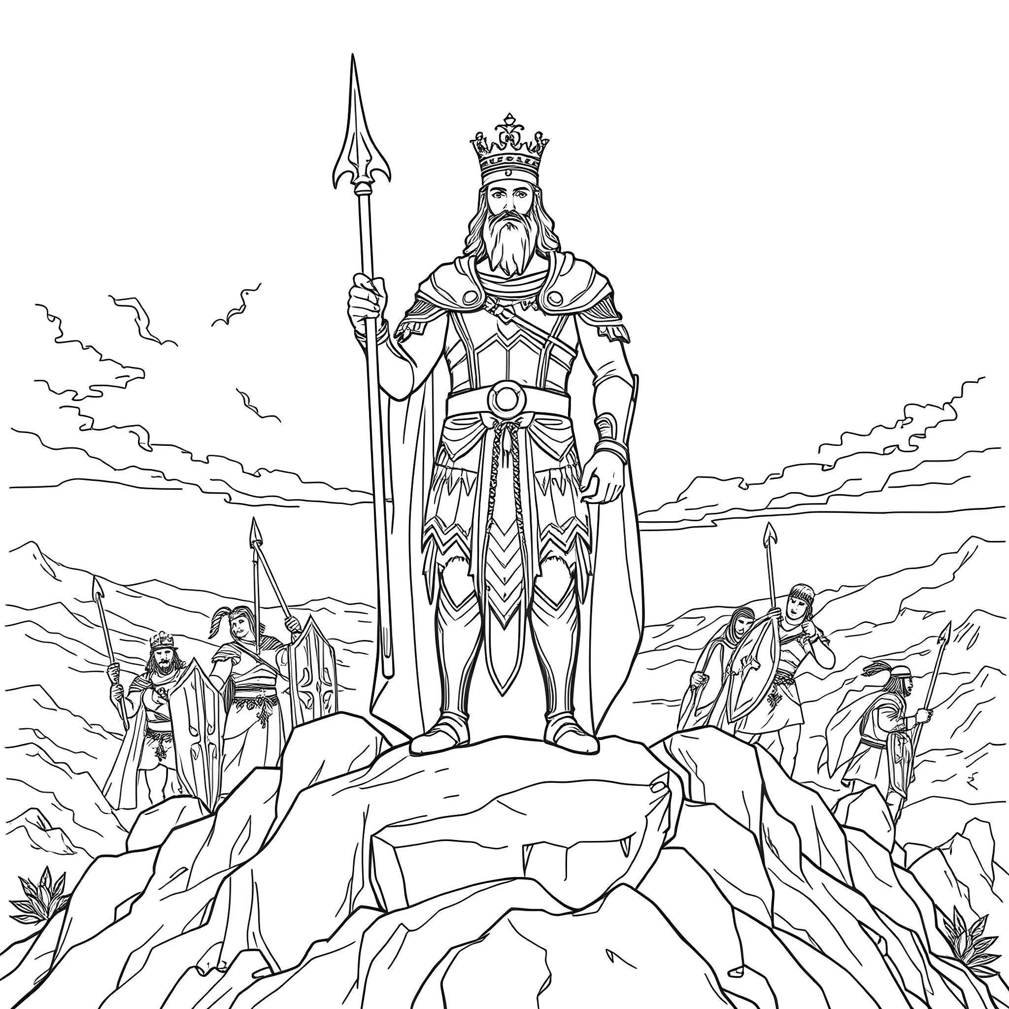 King Saul Commanding His Army in Battle Coloring Page (free black-and-white line drawing printable PDF for all, from beginners to advanced learners, including children, teens, adults, and seniors)