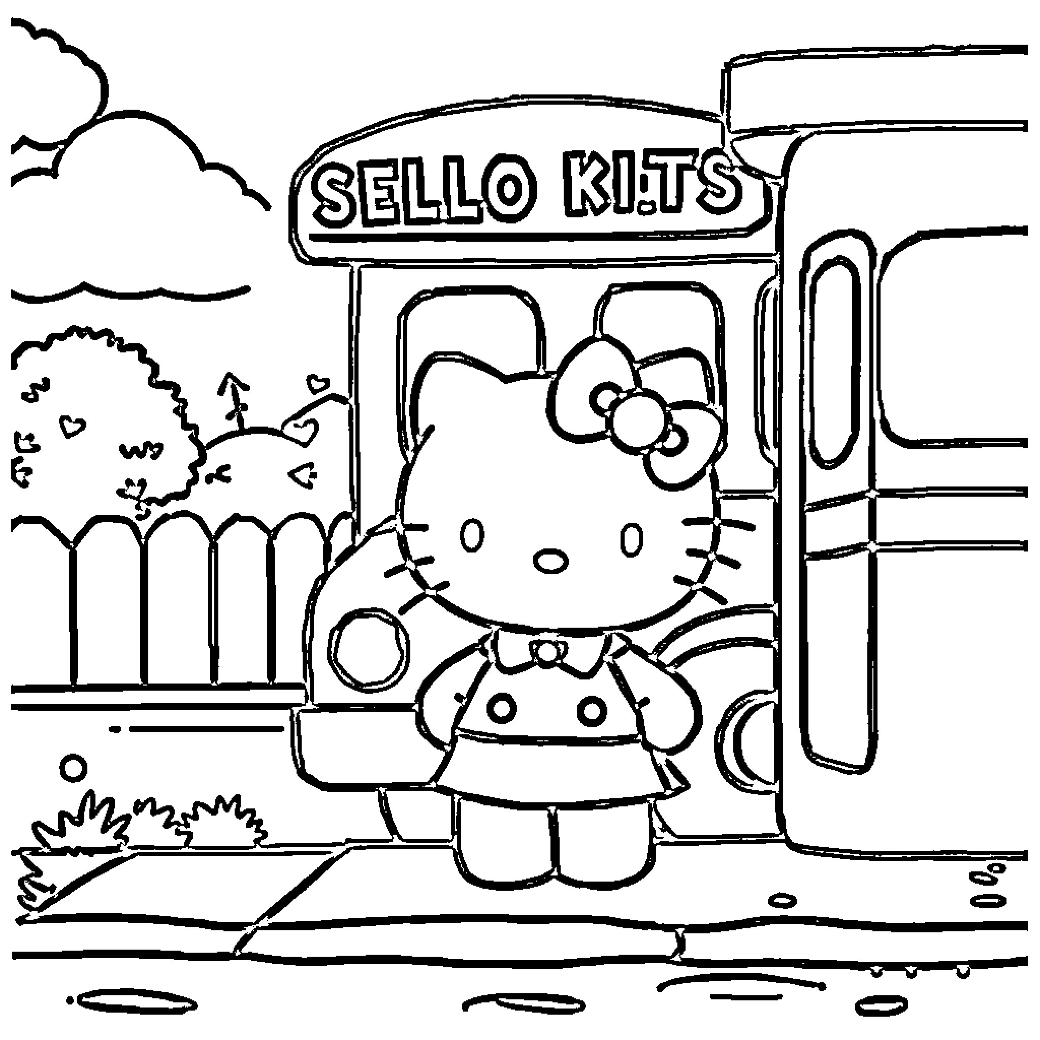 Hello Kitty shopping at the Sello Kits store Coloring Page (free black-and-white line drawing printable PDF for all, from beginners to advanced learners, including children, teens, adults, and seniors)