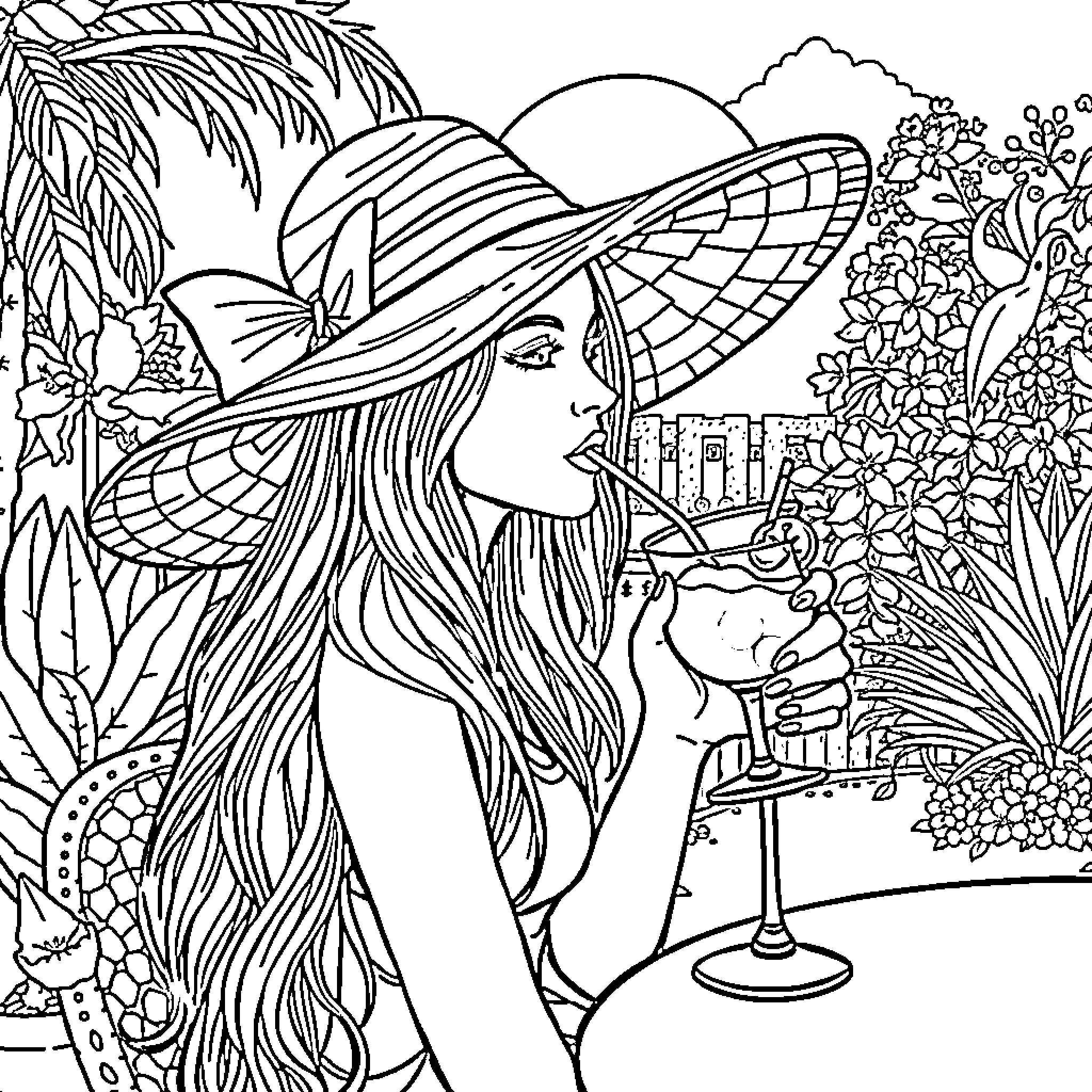 Girl in a Floral Garden Enjoying a Drink Coloring Page (free black-and-white line drawing printable PDF for all, from beginners to advanced learners, including children, teens, adults, and seniors)