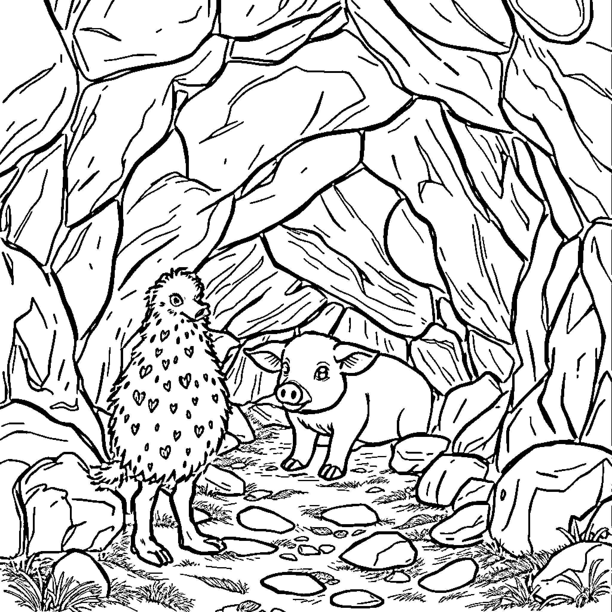 Aegues Forest Dwellers: Curious Critters Coloring Page (free black-and-white line drawing printable PDF for all, from beginners to advanced learners, including children, teens, adults, and seniors)