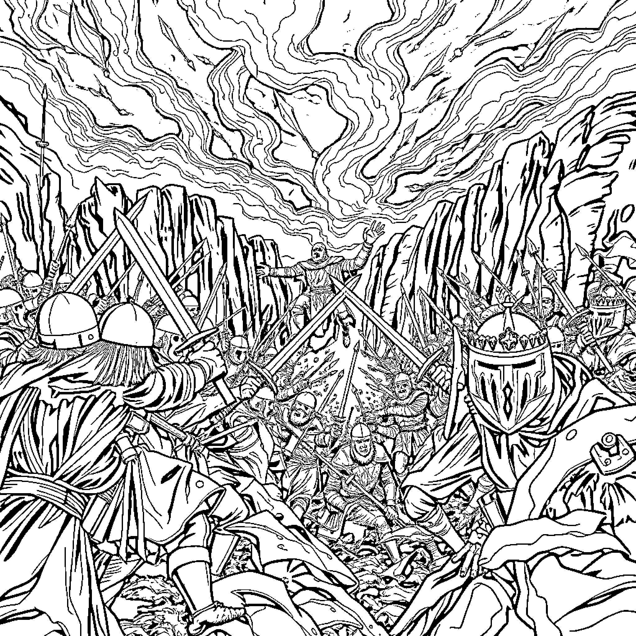 Helm's Deep - Epic Battle of Warring Armies Coloring Page (free black-and-white line drawing printable PDF for all, from beginners to advanced learners, including children, teens, adults, and seniors)