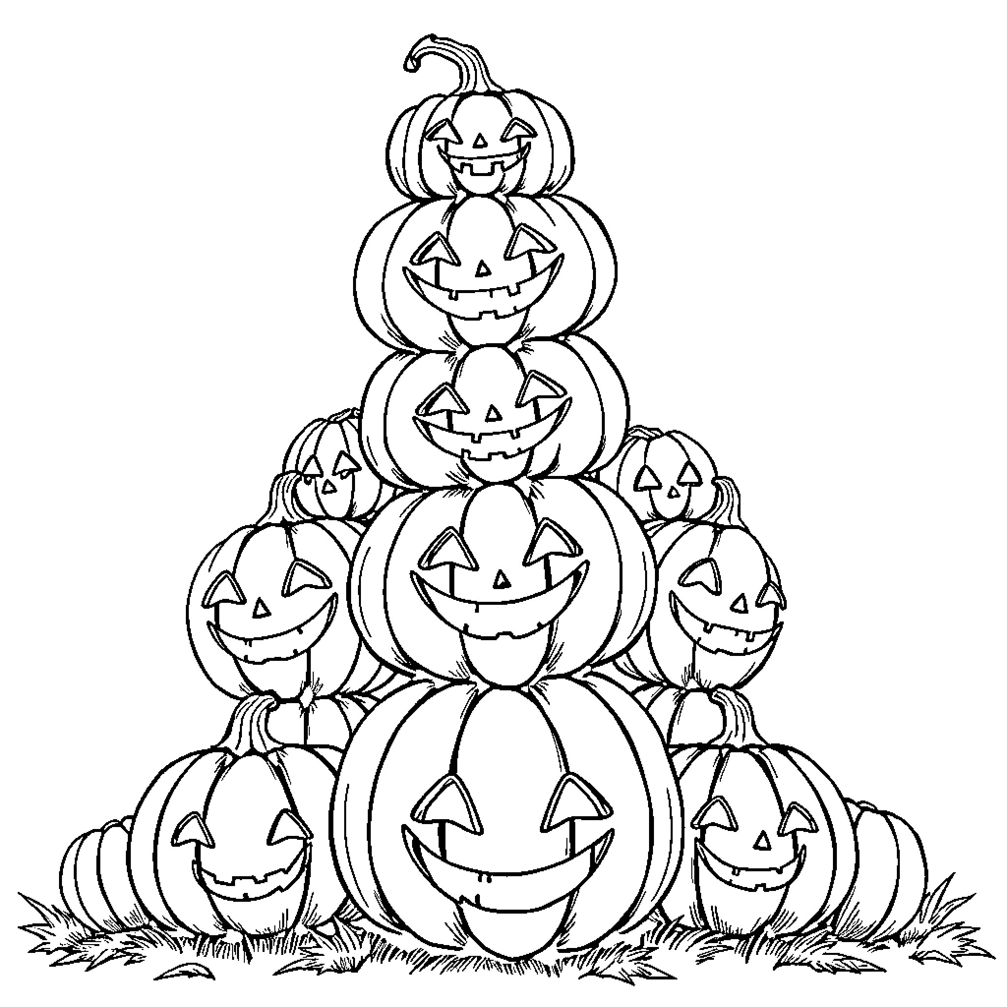 Pumpkin Jack-o'-lanterns gathered in a spooky scene Coloring Page (free black-and-white line drawing printable PDF for all, from beginners to advanced learners, including children, teens, adults, and seniors)