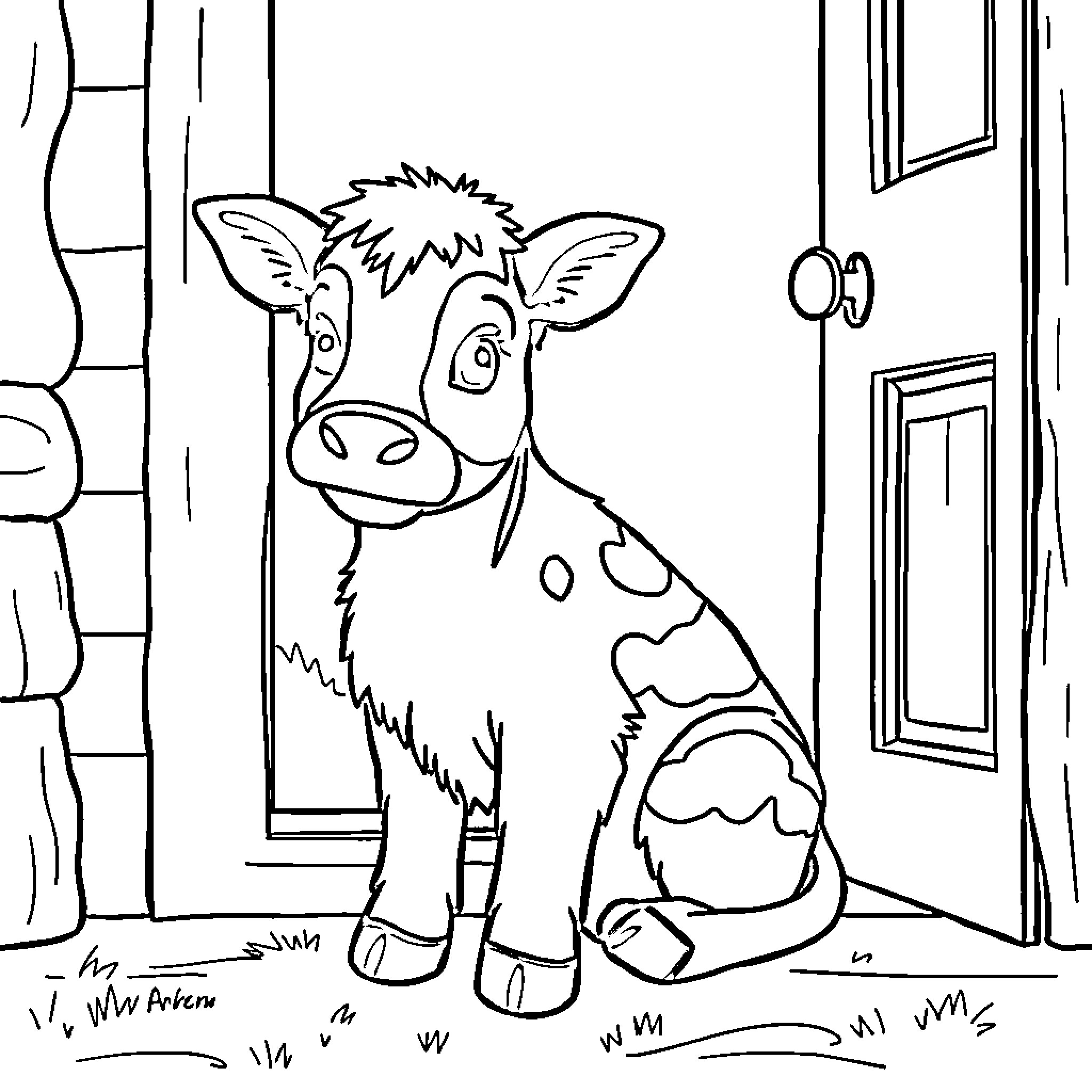 Cow curiously exploring an indoor space Coloring Page (free black-and-white line drawing printable PDF for all, from beginners to advanced learners, including children, teens, adults, and seniors)
