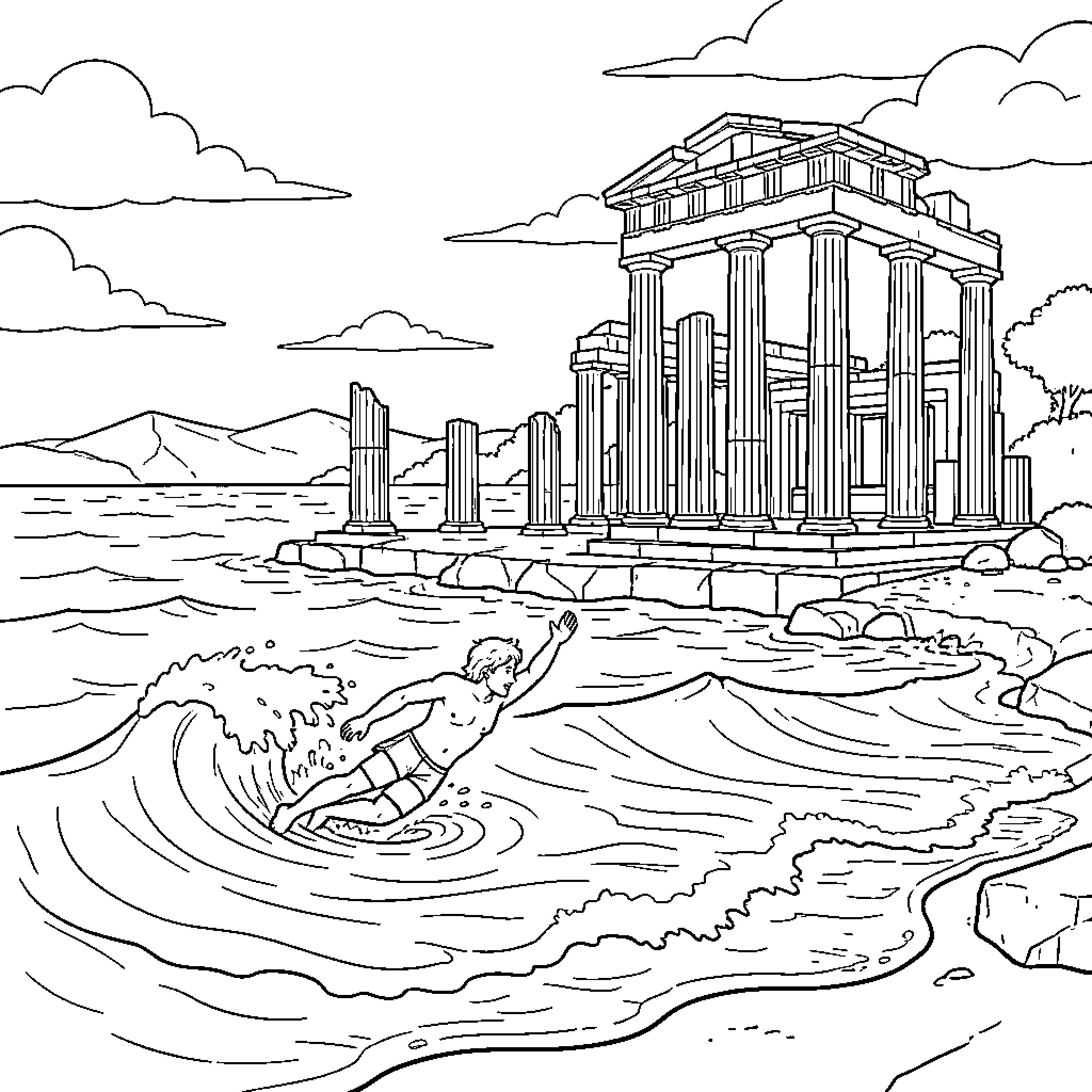 Ícaro surfing on ocean waves near ancient Greek ruins Coloring Page (free black-and-white line drawing printable PDF for all, from beginners to advanced learners, including children, teens, adults, and seniors)