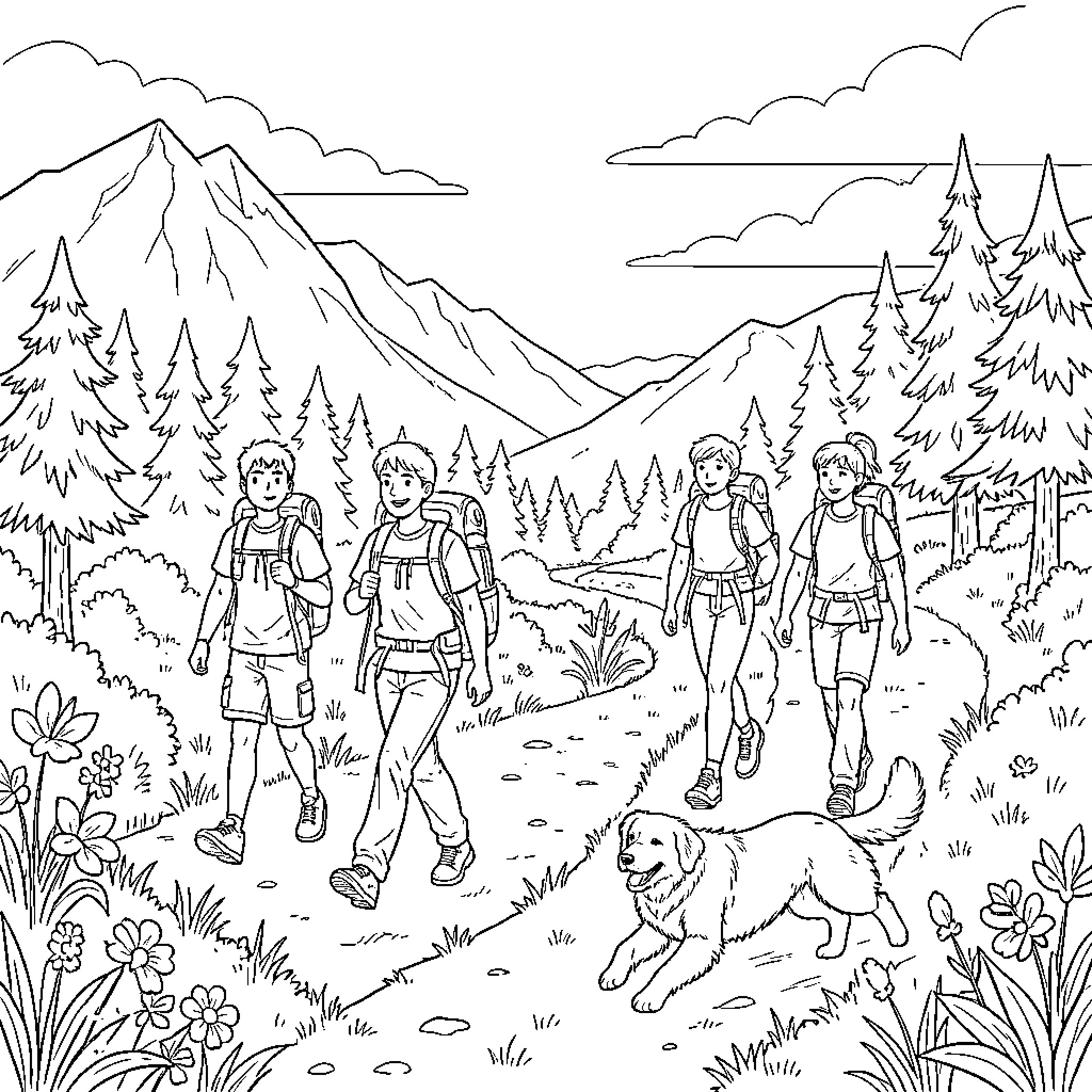 Landscape of hikers walking along a mountain path Coloring Page (free black-and-white line drawing printable PDF for all, from beginners to advanced learners, including children, teens, adults, and seniors)