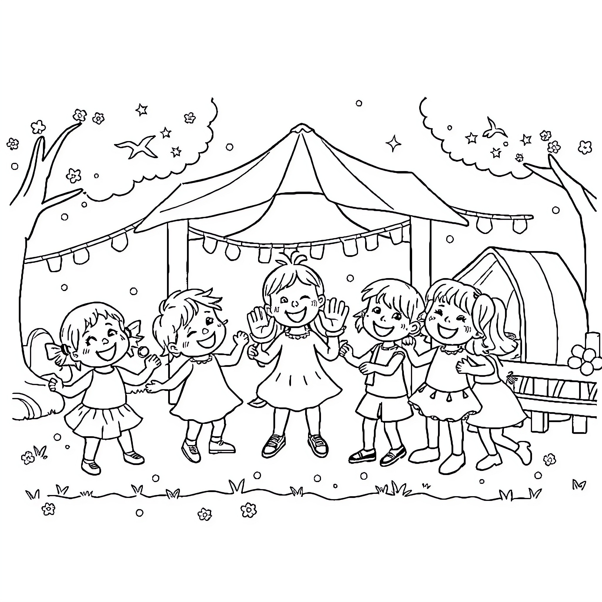 Child friends enjoying a night carnival Coloring Page (free black-and-white line drawing printable PDF for all, from beginners to advanced learners, including children, teens, adults, and seniors)