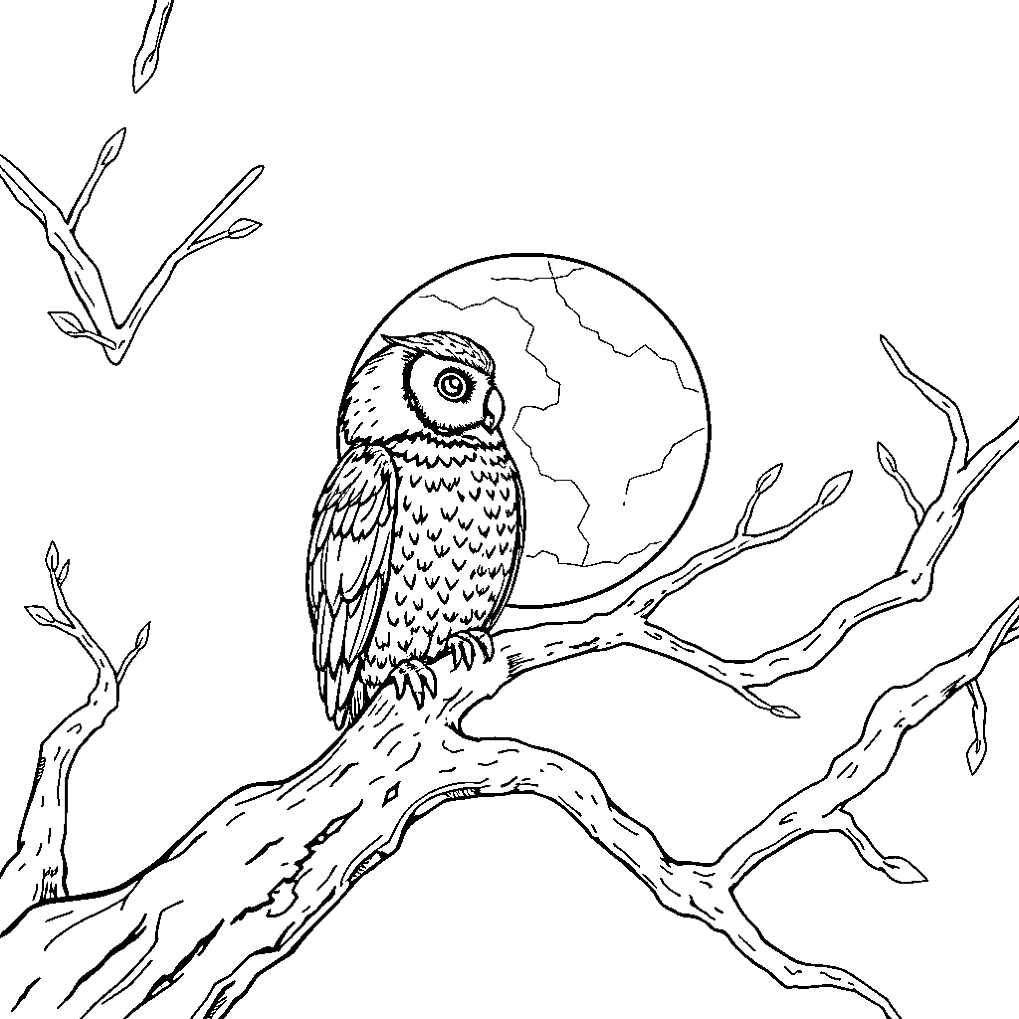 Owl perching on a bare tree branch under the moon Coloring Page (free black-and-white line drawing printable PDF for all, from beginners to advanced learners, including children, teens, adults, and seniors)