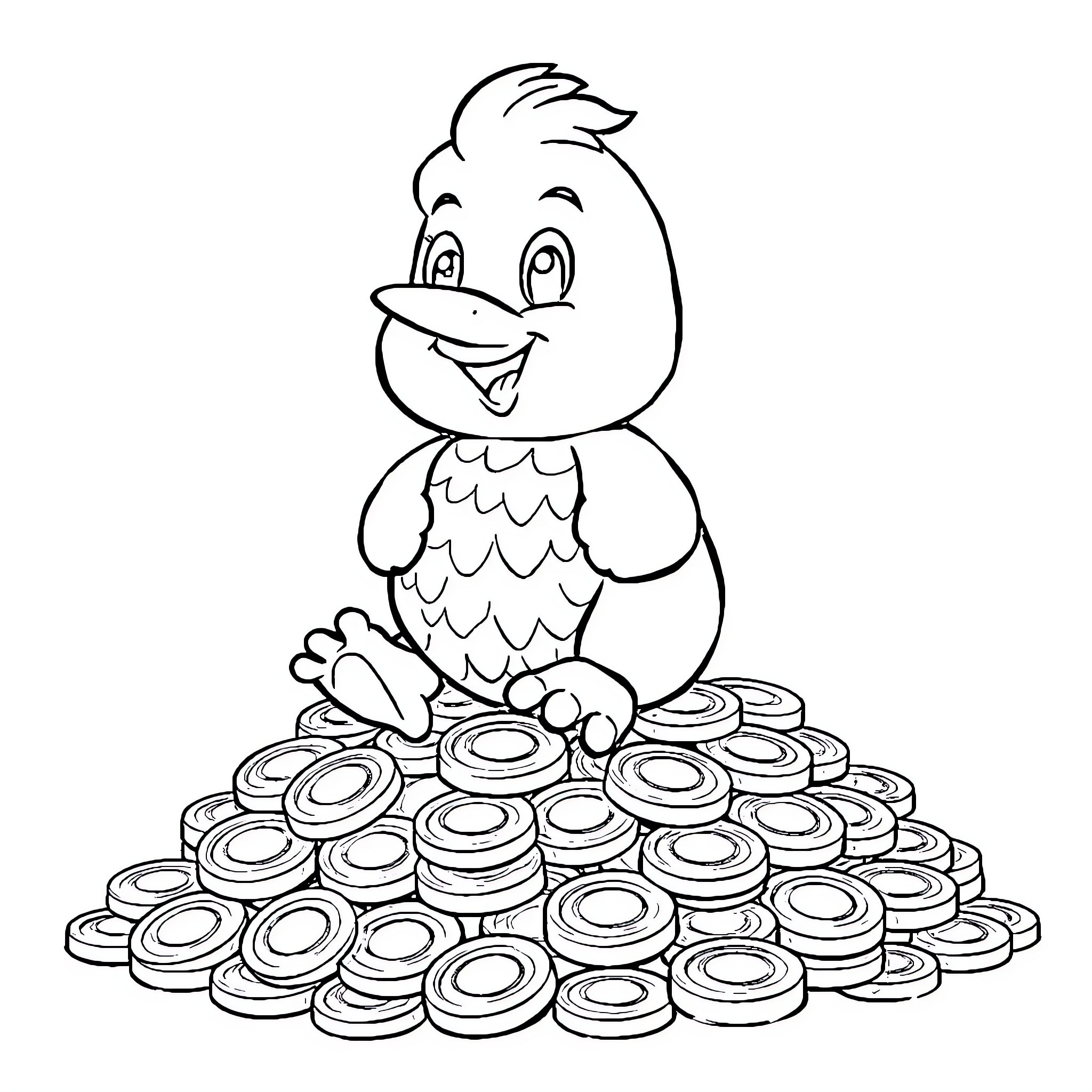 Piscou's playful bird perched on stacks of donuts Coloring Page (free black-and-white line drawing printable PDF for all, from beginners to advanced learners, including children, teens, adults, and seniors)