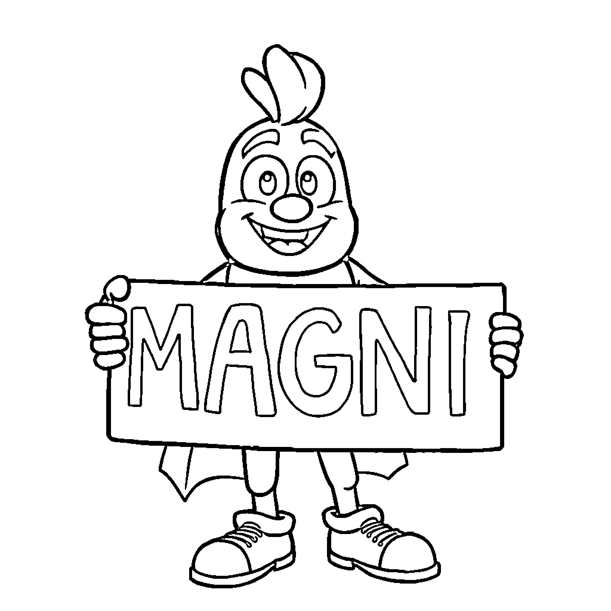Marcus proudly displays 'MAGNI' sign Coloring Page (free black-and-white line drawing printable PDF for all, from beginners to advanced learners, including children, teens, adults, and seniors)