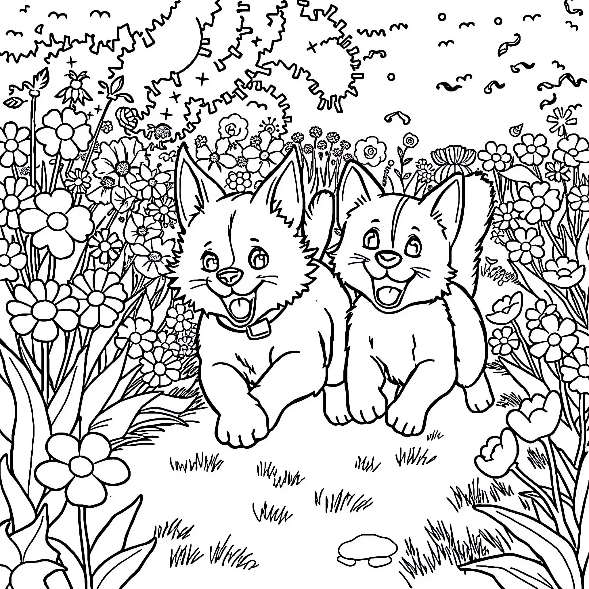Cats playing in the floral garden Coloring Page (free black-and-white line drawing printable PDF for all, from beginners to advanced learners, including children, teens, adults, and seniors)