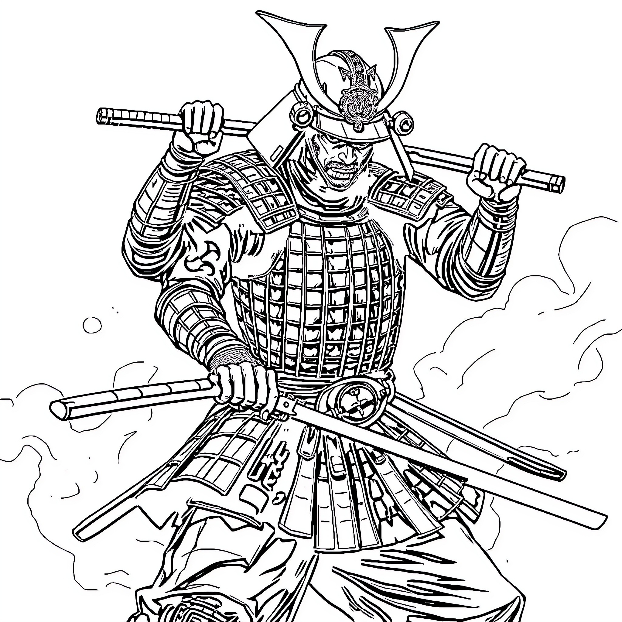 Samurai Warrior in Fierce Battle Stance Coloring Page (free black-and-white line drawing printable PDF for all, from beginners to advanced learners, including children, teens, adults, and seniors)