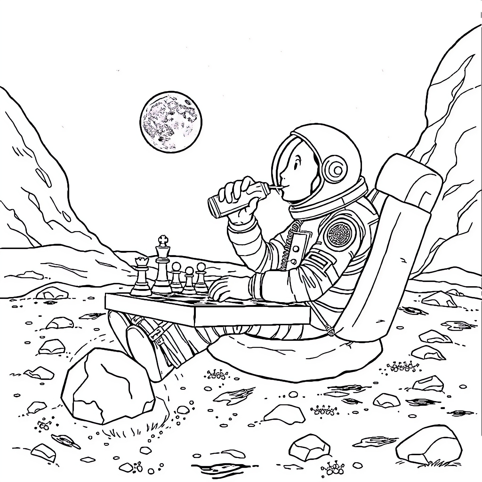 Chess Player Exploring an Alien Landscape Coloring Page (free black-and-white line drawing printable PDF for all, from beginners to advanced learners, including children, teens, adults, and seniors)