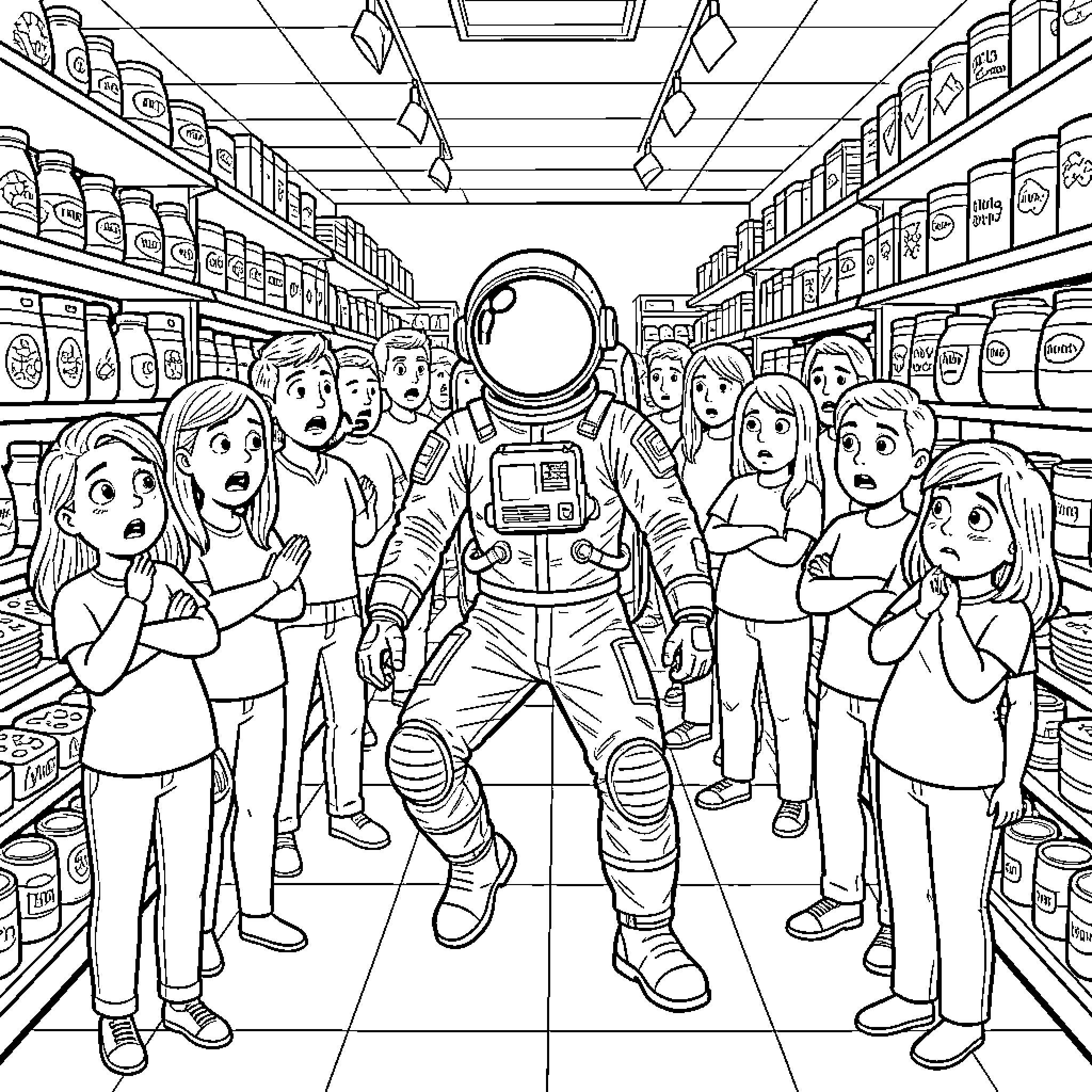 Astronaut Exploring a Grocery Store with Surprised Onlookers Coloring Page (free black-and-white line drawing printable PDF for all, from beginners to advanced learners, including children, teens, adults, and seniors)