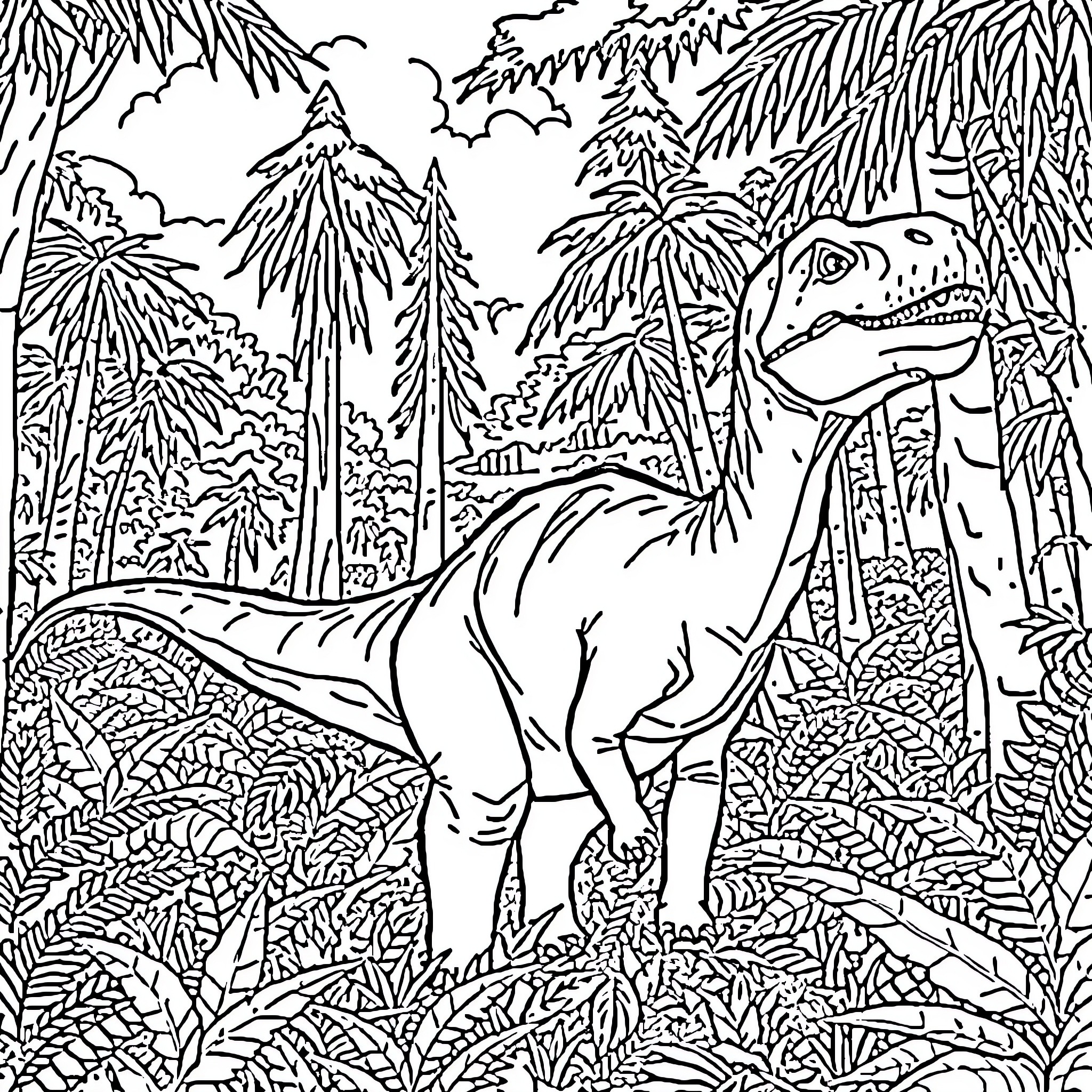 Dinosaur roaming through dense jungle landscape Coloring Page (free black-and-white line drawing printable PDF for all, from beginners to advanced learners, including children, teens, adults, and seniors)