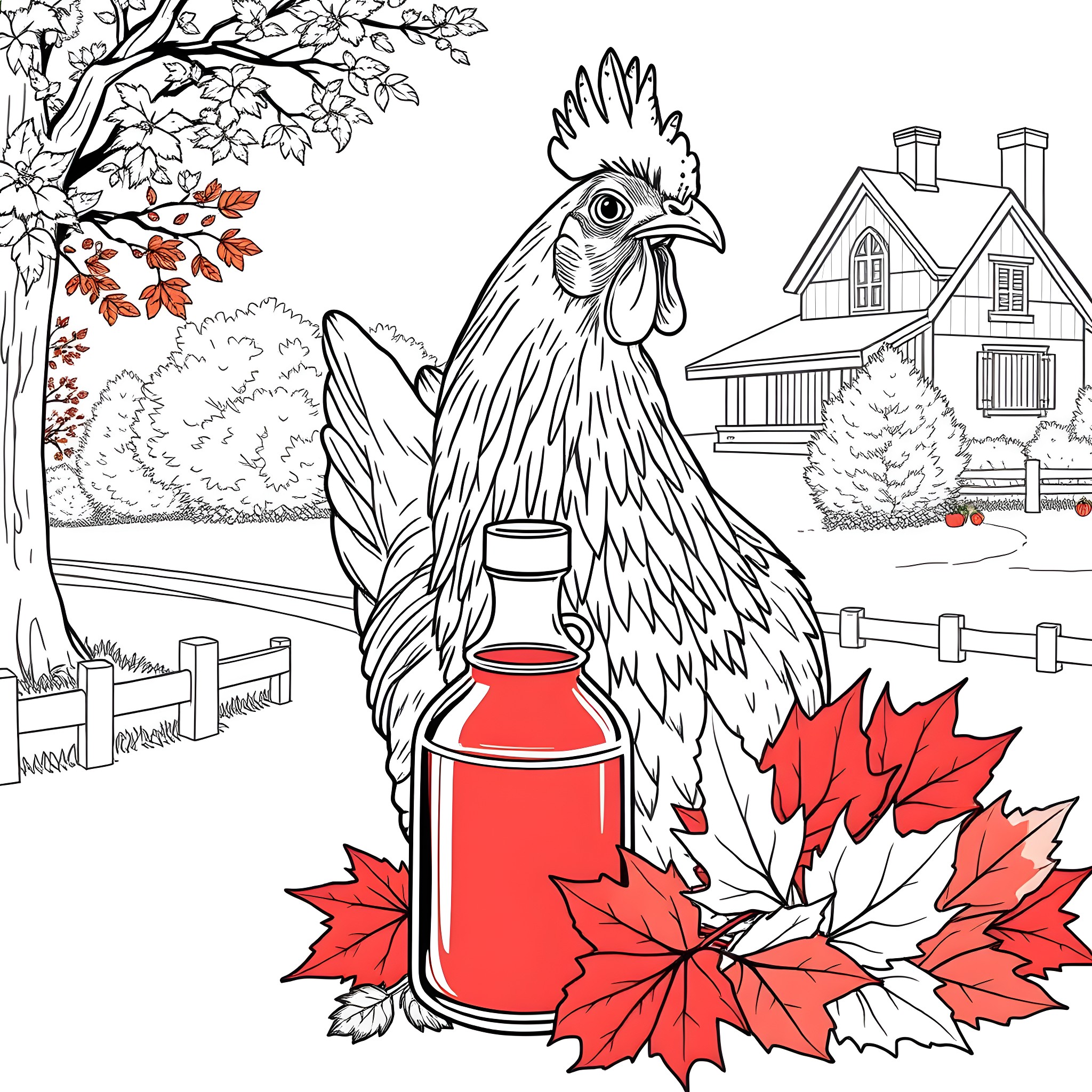 Chicken standing by a maple leaf and farm house Coloring Page (free black-and-white line drawing printable PDF for all, from beginners to advanced learners, including children, teens, adults, and seniors)