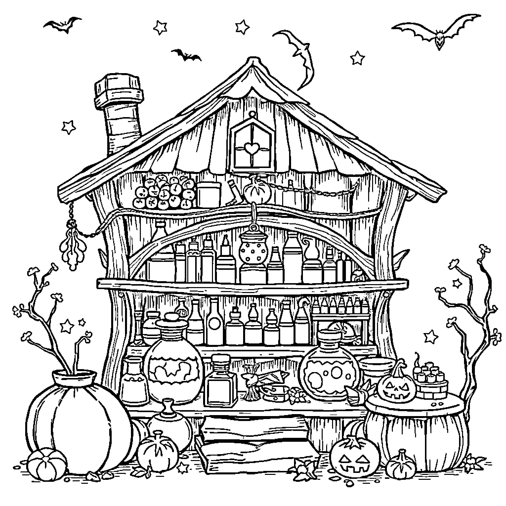 Potion Supplies Haunted Hut with Bats and Stars Coloring Page (free black-and-white line drawing printable PDF for all, from beginners to advanced learners, including children, teens, adults, and seniors)