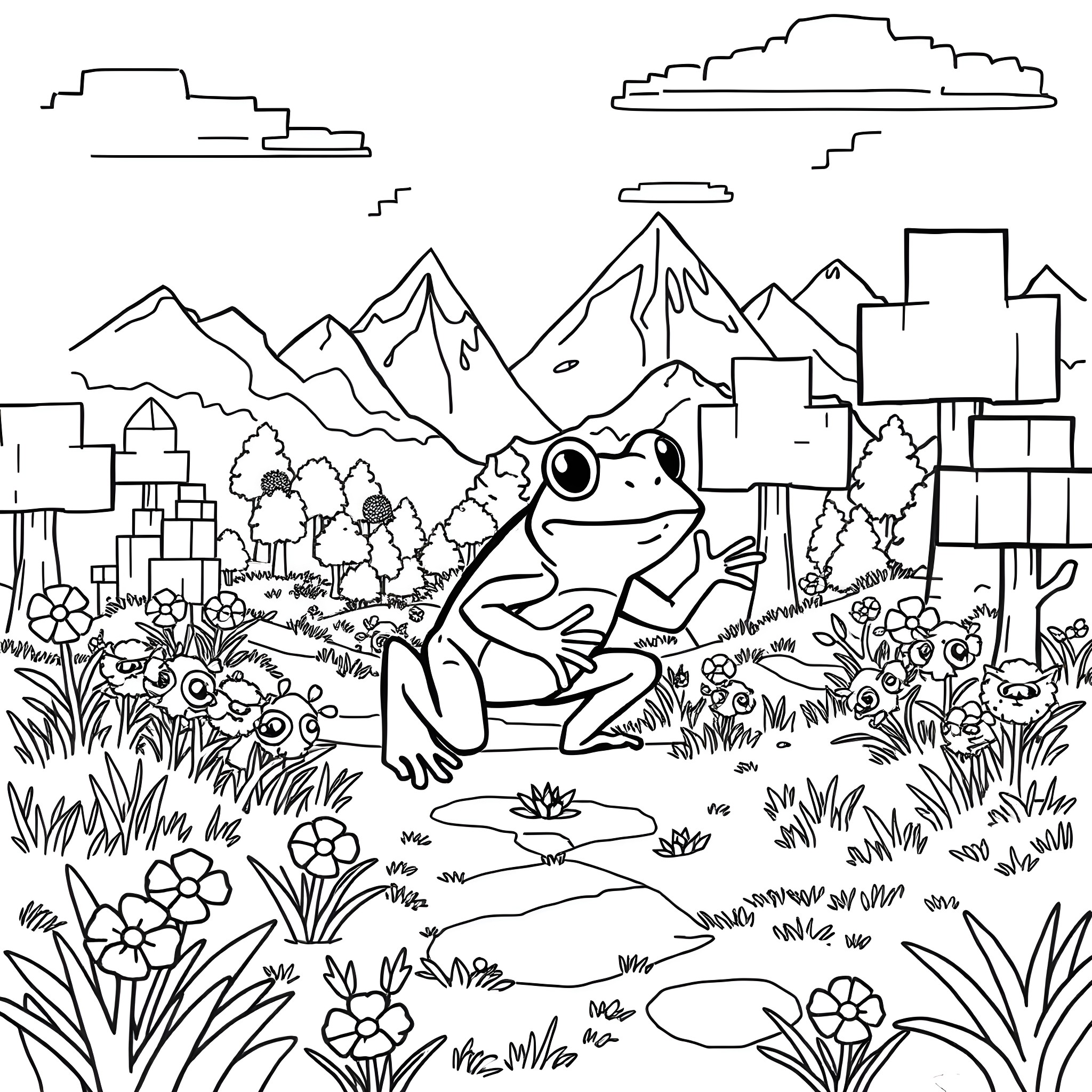 Frog in a Whimsical Landscape Coloring Page (free black-and-white line drawing printable PDF for all, from beginners to advanced learners, including children, teens, adults, and seniors)