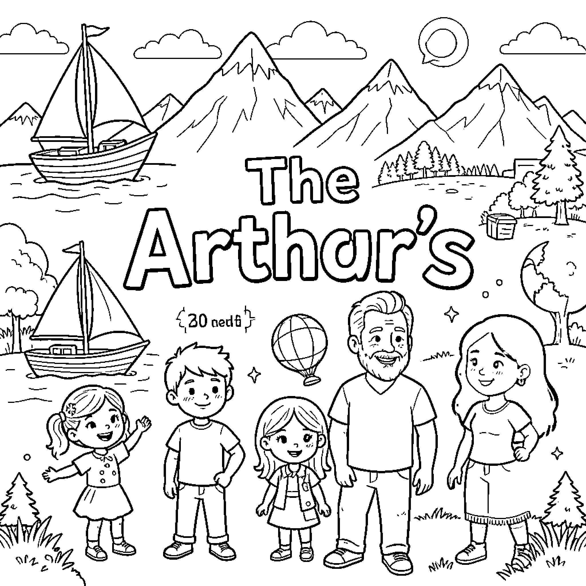 Arthur's Family Adventure in the Mountains Coloring Page (free black-and-white line drawing printable PDF for all, from beginners to advanced learners, including children, teens, adults, and seniors)