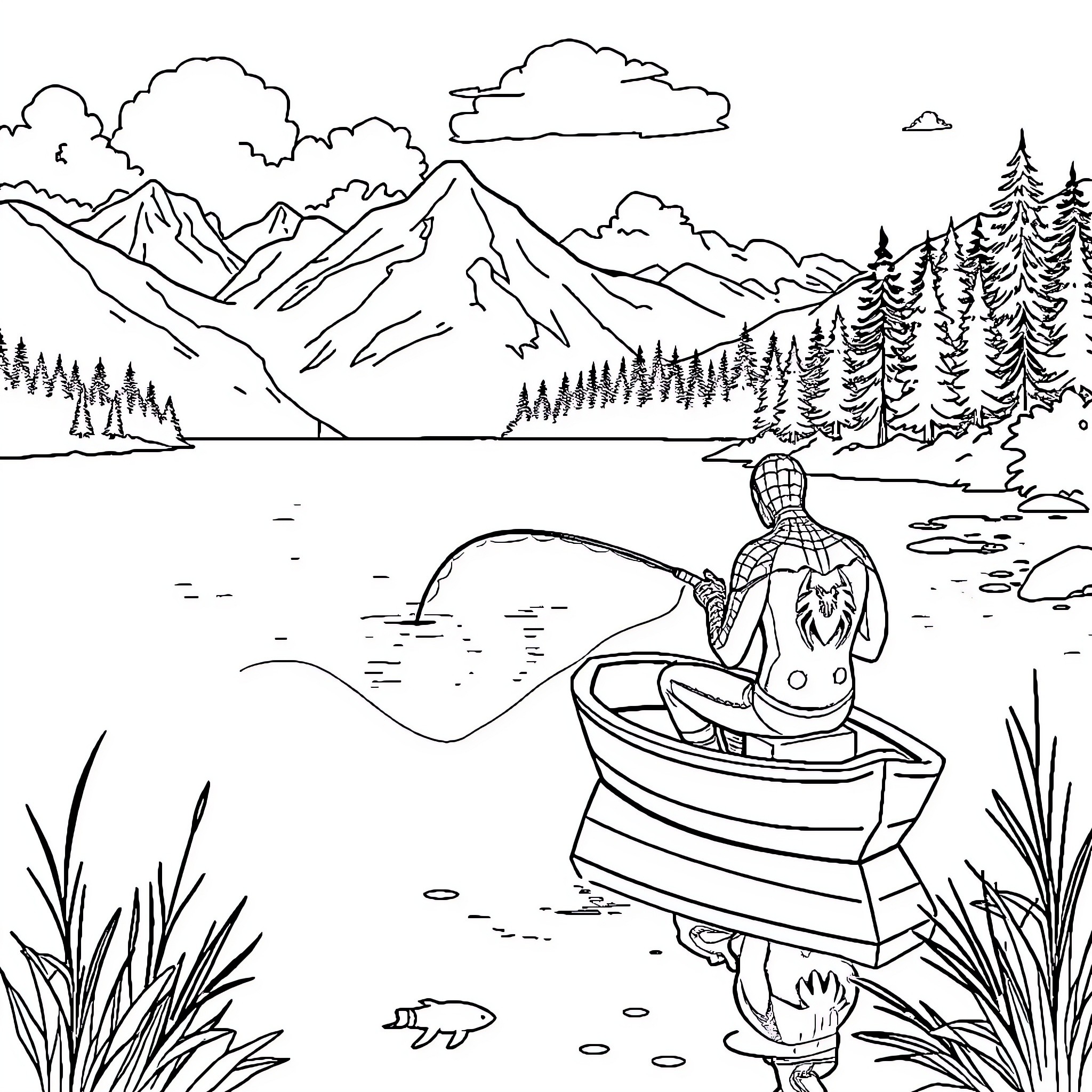 Spiderman fishing in the wilderness Coloring Page (free black-and-white line drawing printable PDF for all, from beginners to advanced learners, including children, teens, adults, and seniors)