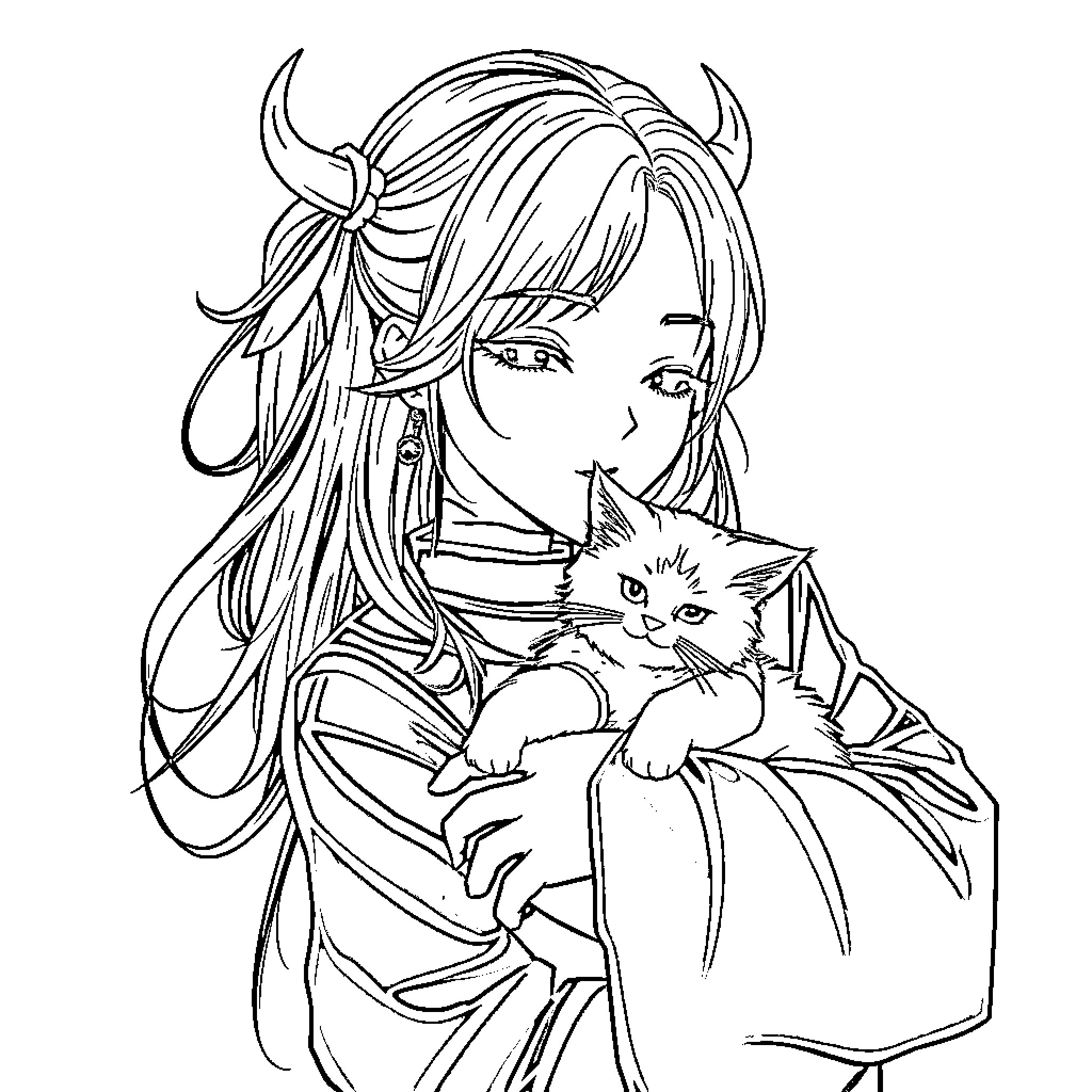 Mira holding a kitten with a thoughtful expression Coloring Page (free black-and-white line drawing printable PDF for all, from beginners to advanced learners, including children, teens, adults, and seniors)