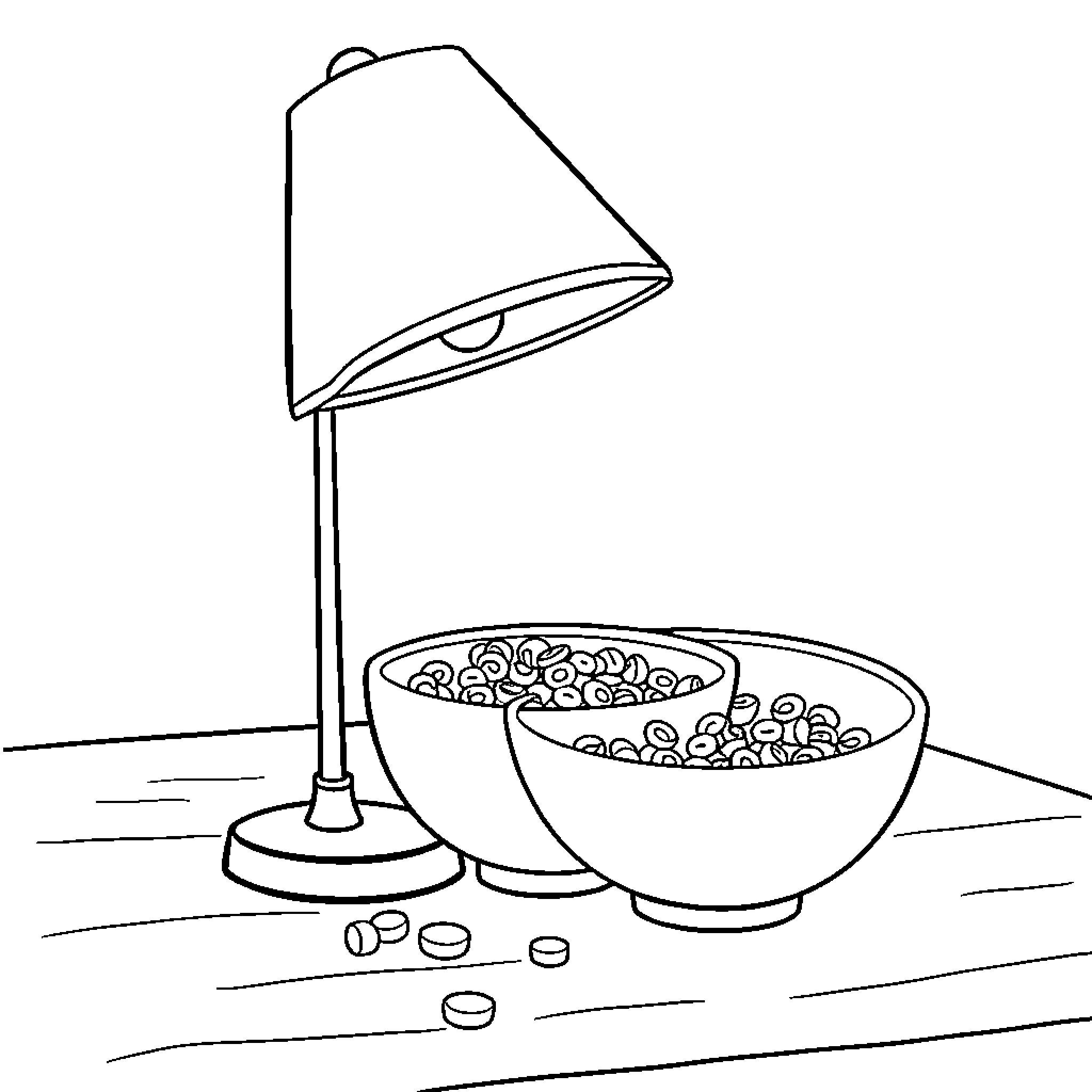 Lamp illuminating breakfast cereal bowl Coloring Page (free black-and-white line drawing printable PDF for all, from beginners to advanced learners, including children, teens, adults, and seniors)