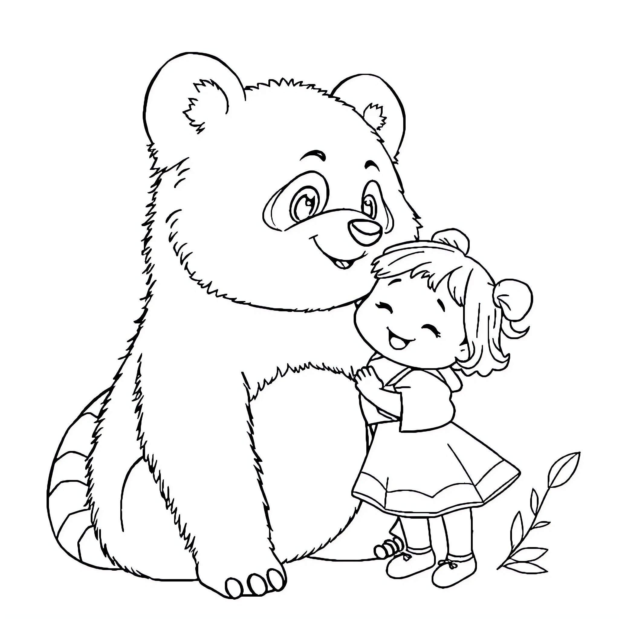 Panda happily hugging a young girl Coloring Page (free black-and-white line drawing printable PDF for all, from beginners to advanced learners, including children, teens, adults, and seniors)