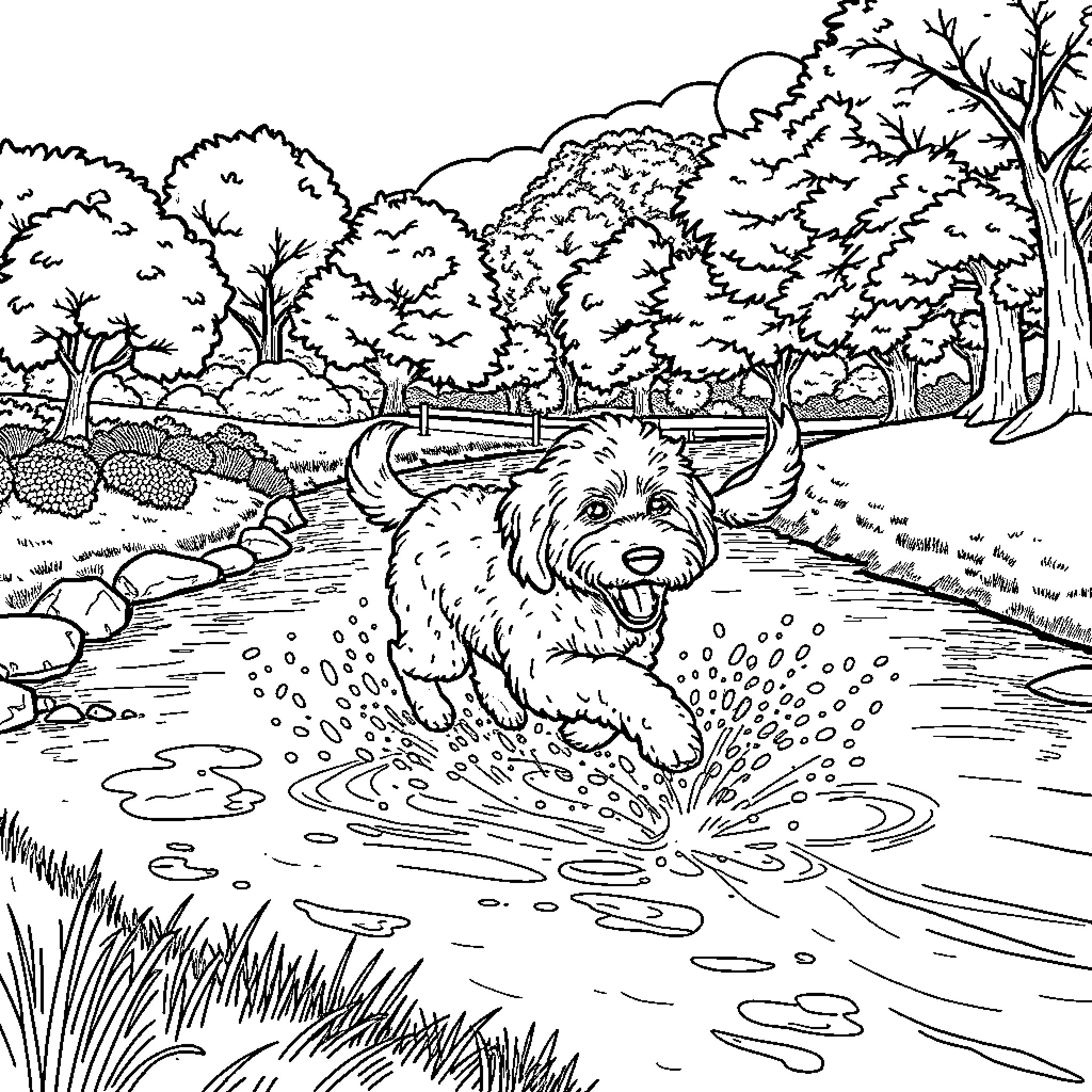 Doodle Dog Splashing in Forest Stream Coloring Page (free black-and-white line drawing printable PDF for all, from beginners to advanced learners, including children, teens, adults, and seniors)