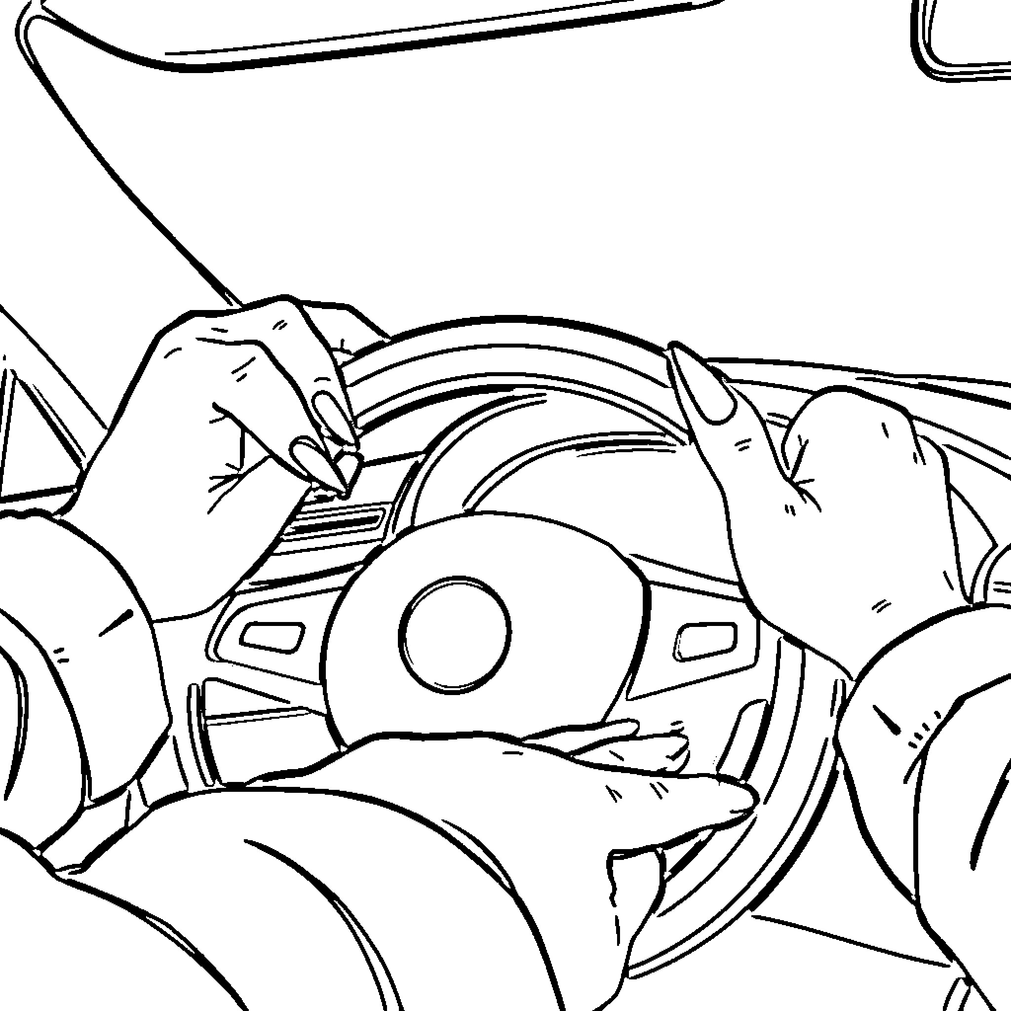 Hand operating car controls on dashboard Coloring Page (free black-and-white line drawing printable PDF for all, from beginners to advanced learners, including children, teens, adults, and seniors)