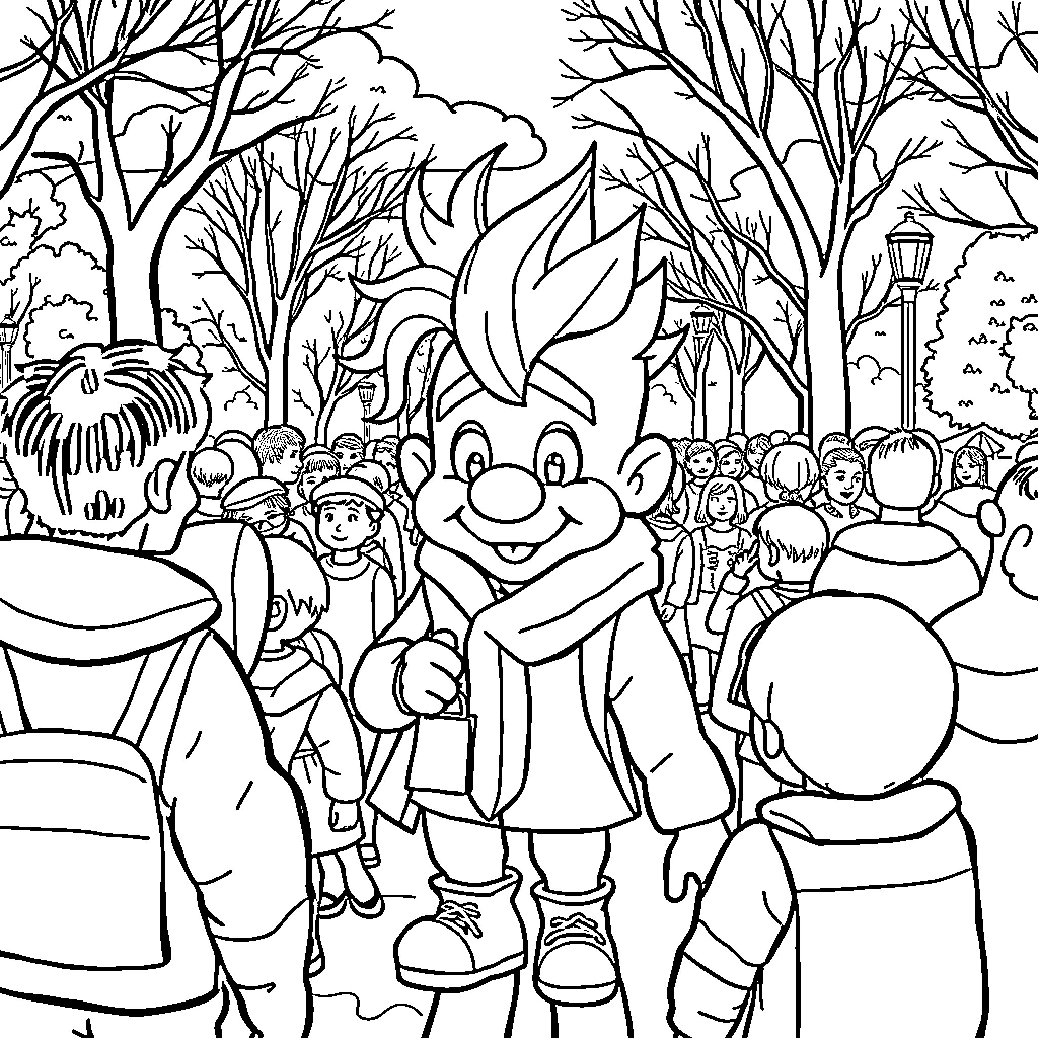 Clown entertaining a crowd in a park Coloring Page (free black-and-white line drawing printable PDF for all, from beginners to advanced learners, including children, teens, adults, and seniors)