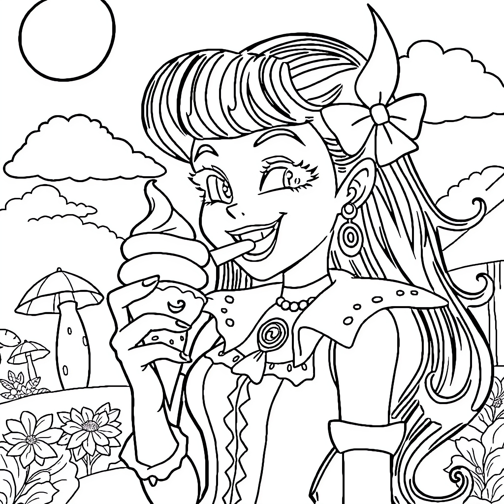 Draculaura enjoying a whimsical outdoor scene Coloring Page (free black-and-white line drawing printable PDF for all, from beginners to advanced learners, including children, teens, adults, and seniors)