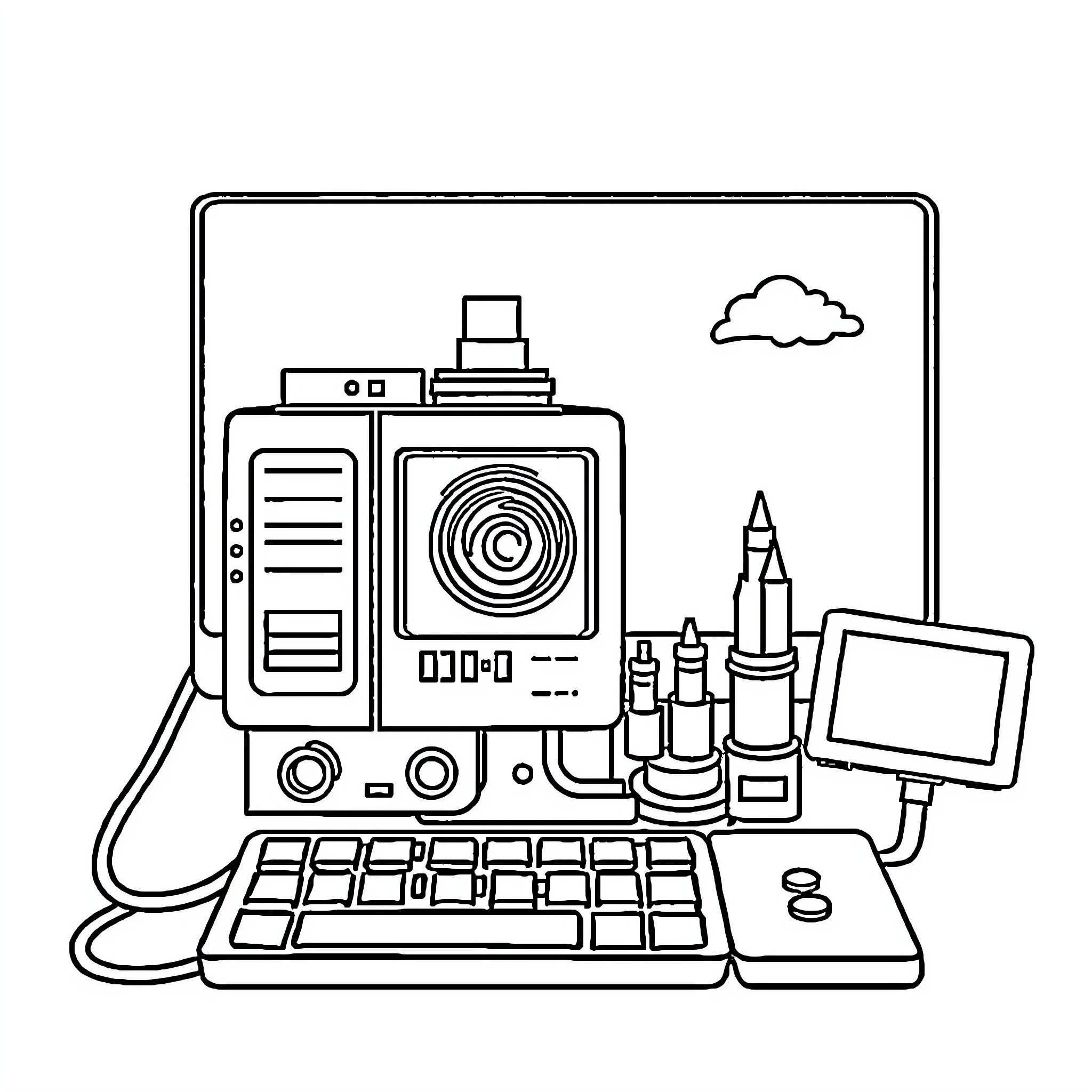 Computer Part with Electronics and Stationery Coloring Page (free black-and-white line drawing printable PDF for all, from beginners to advanced learners, including children, teens, adults, and seniors)