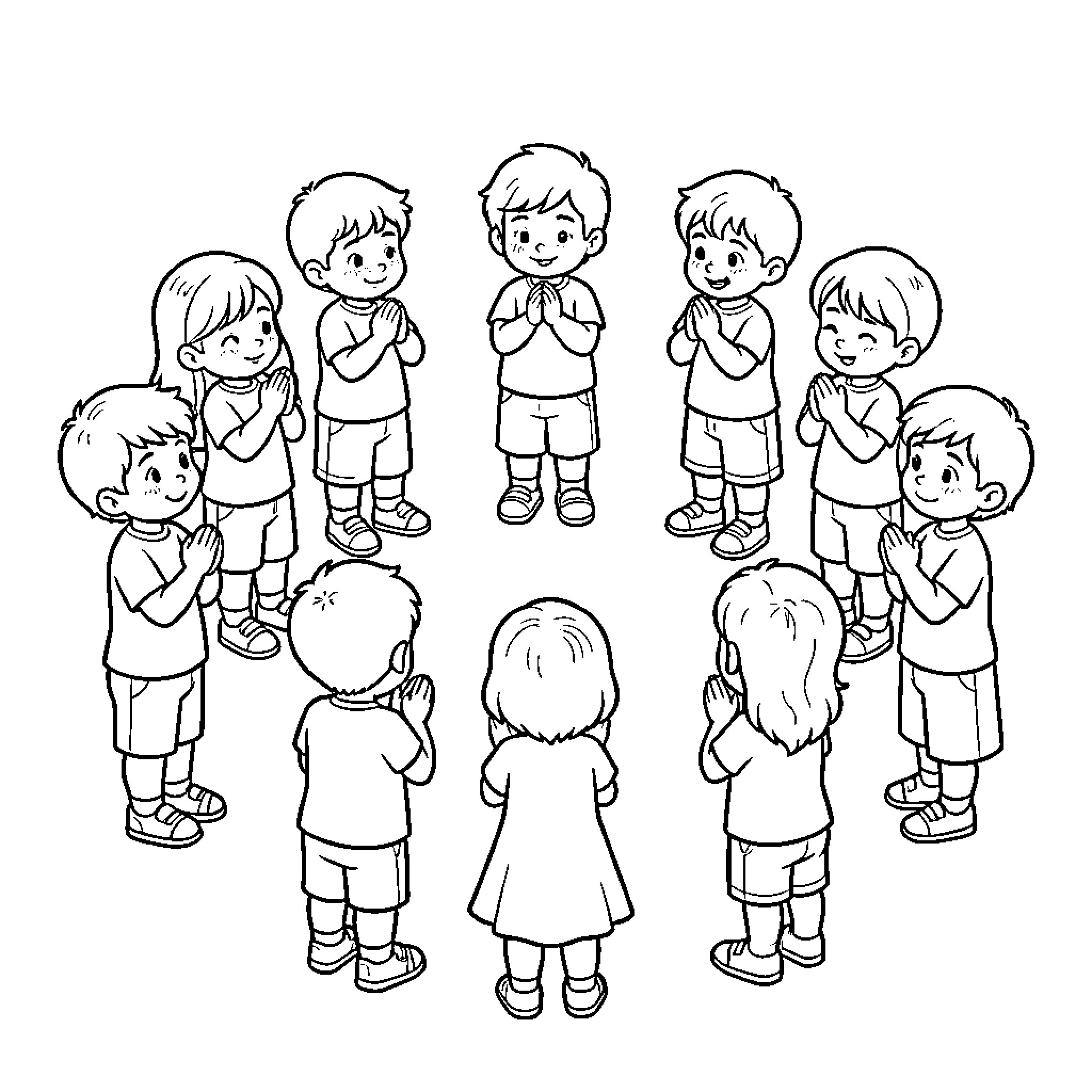 Children in prayer circle Coloring Page (free black-and-white line drawing printable PDF for all, from beginners to advanced learners, including children, teens, adults, and seniors)