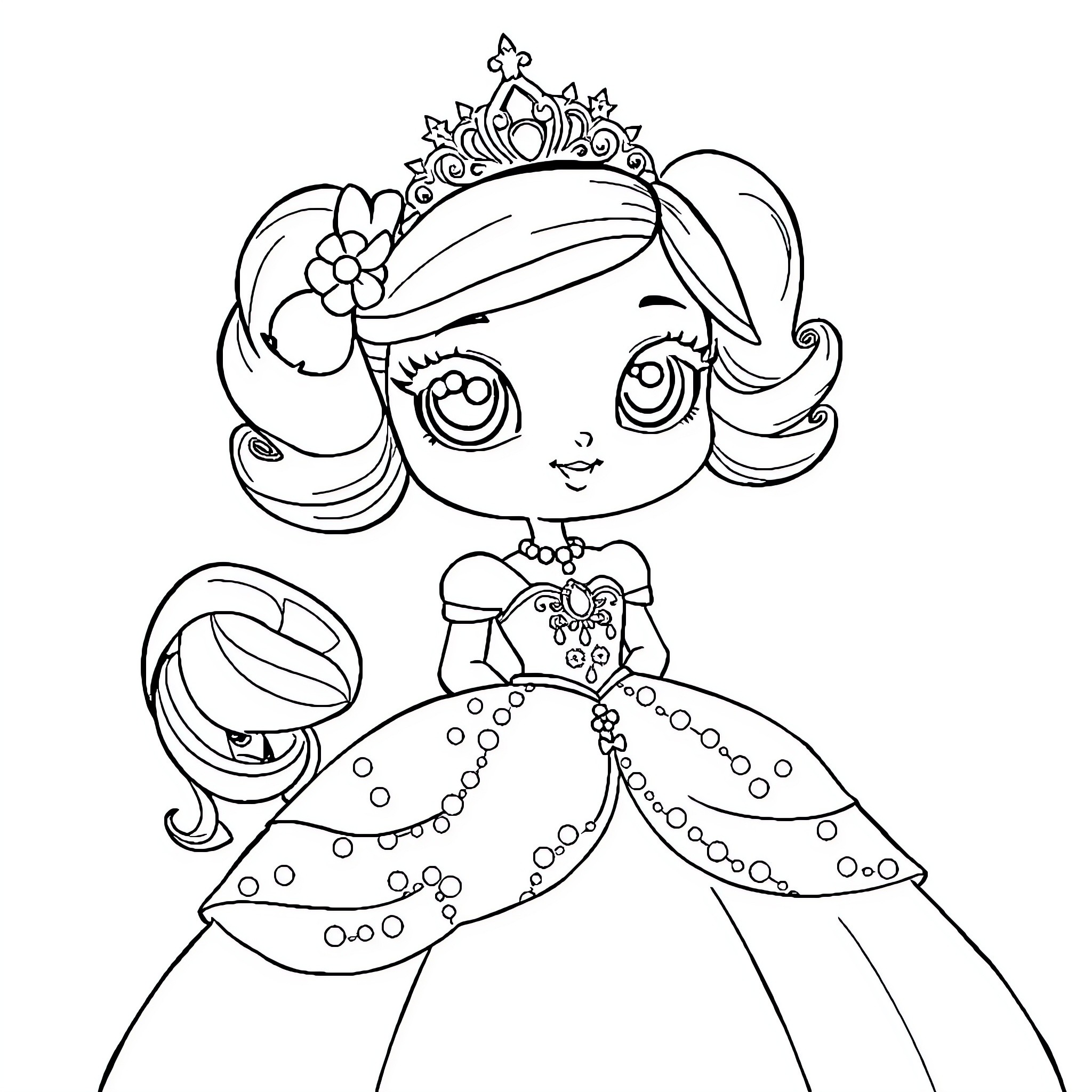 Princess Doll wearing a beautiful dress and crown Coloring Page (free black-and-white line drawing printable PDF for all, from beginners to advanced learners, including children, teens, adults, and seniors)