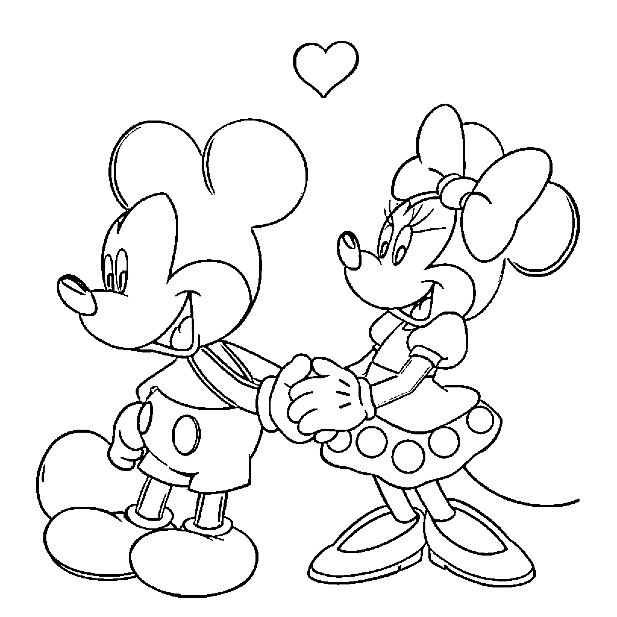 Mickey Mouse and Minnie Mouse in Romantic Embrace Coloring Page (free black-and-white line drawing printable PDF for all, from beginners to advanced learners, including children, teens, adults, and seniors)