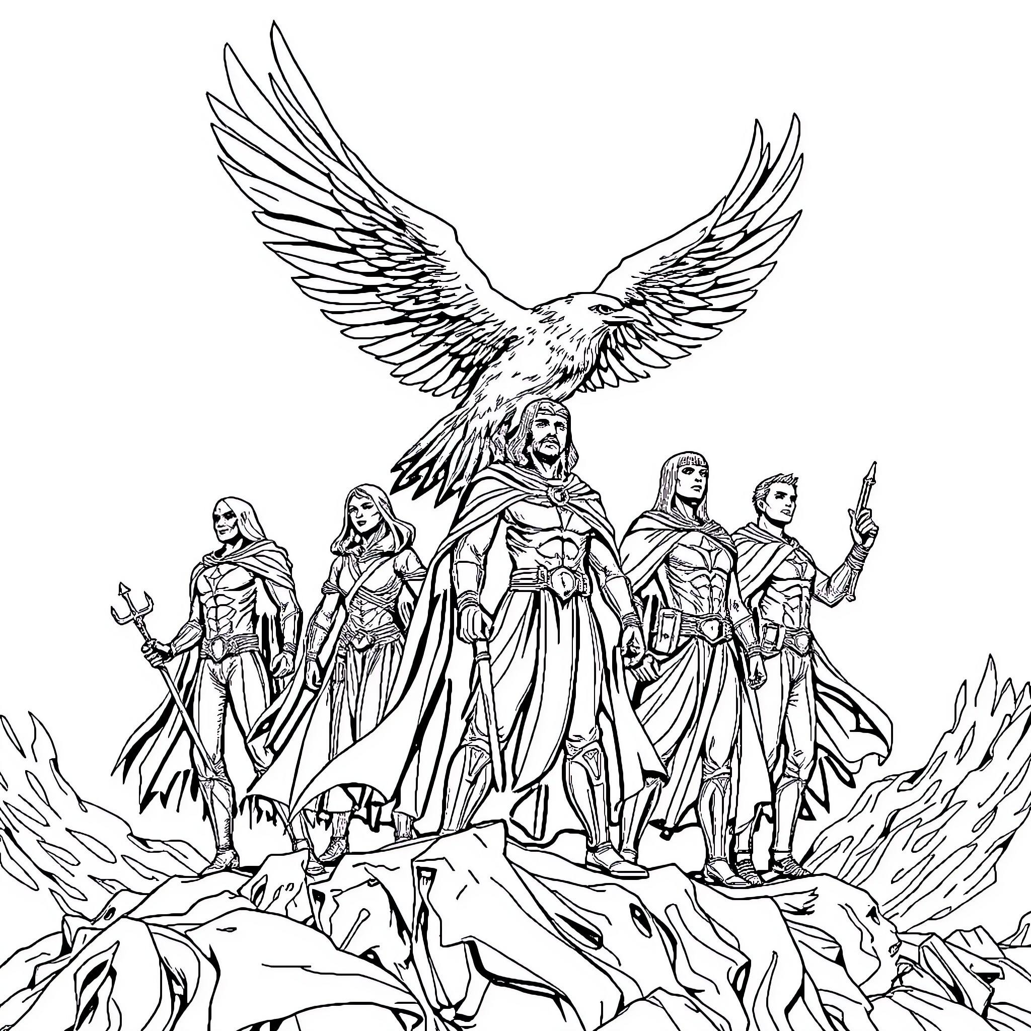 Hero Defenders Assembled on the Mountaintop Coloring Page (free black-and-white line drawing printable PDF for all, from beginners to advanced learners, including children, teens, adults, and seniors)