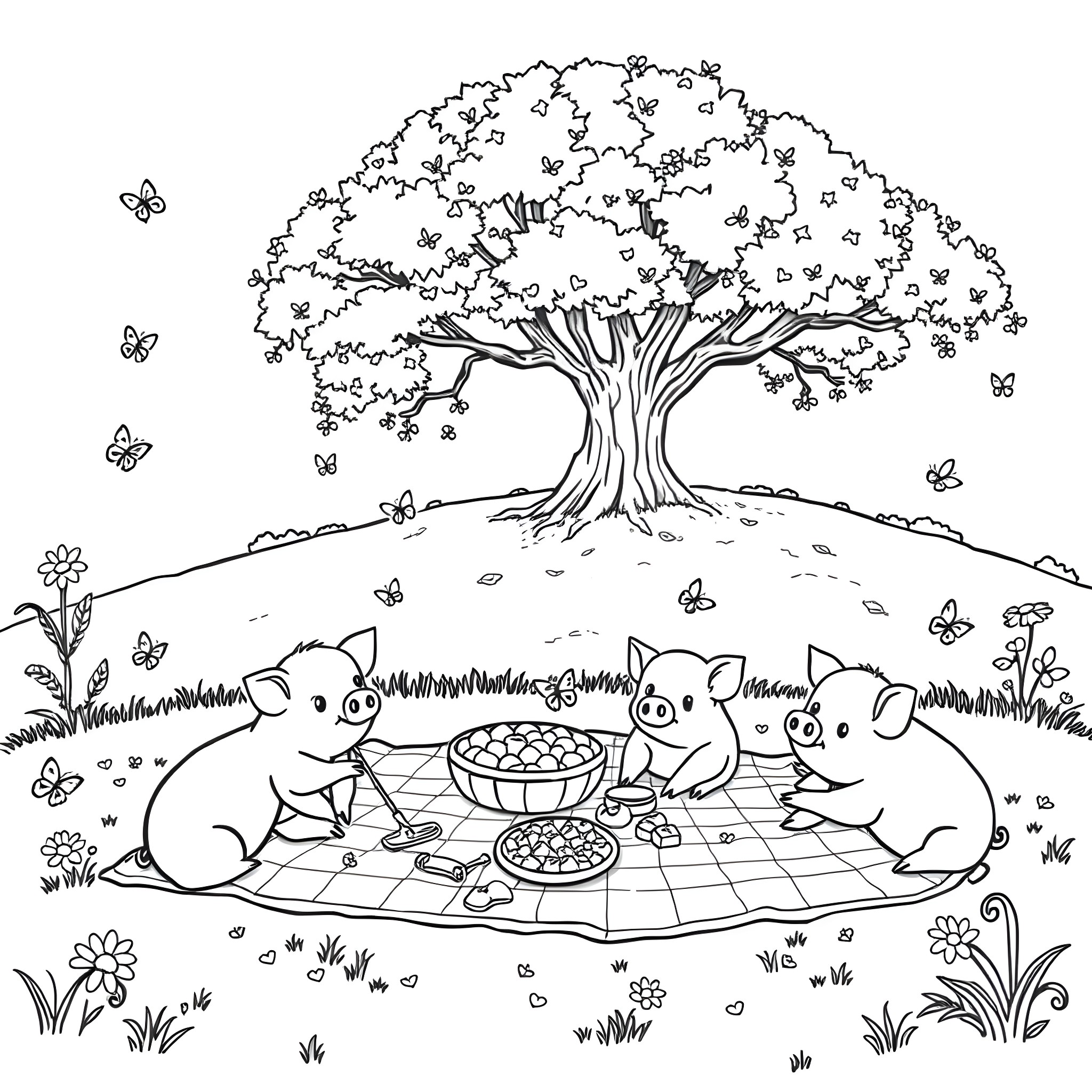 Pig family picnicking under a tree Coloring Page (free black-and-white line drawing printable PDF for all, from beginners to advanced learners, including children, teens, adults, and seniors)