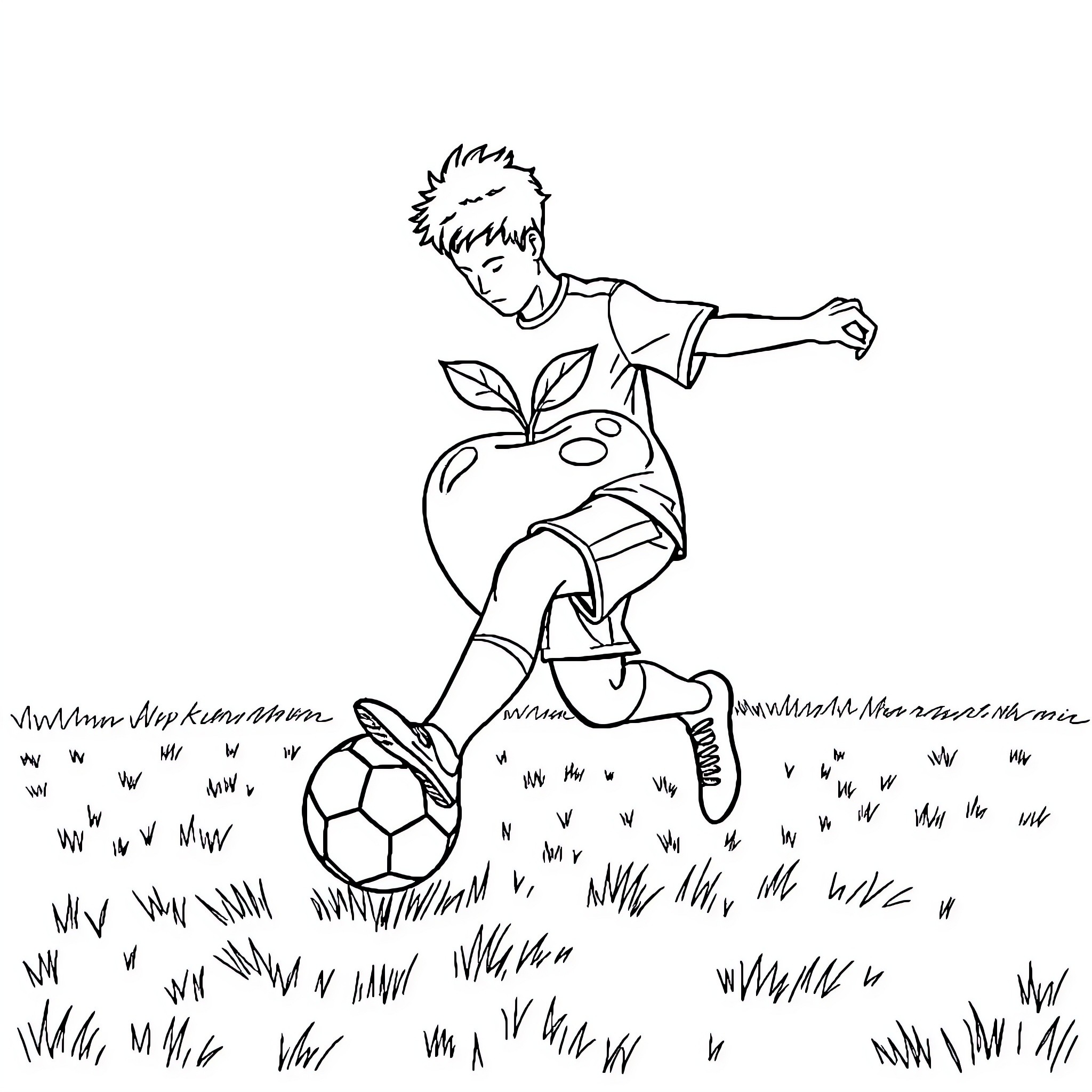 Person kicking soccer ball on grassy field Coloring Page (free black-and-white line drawing printable PDF for all, from beginners to advanced learners, including children, teens, adults, and seniors)