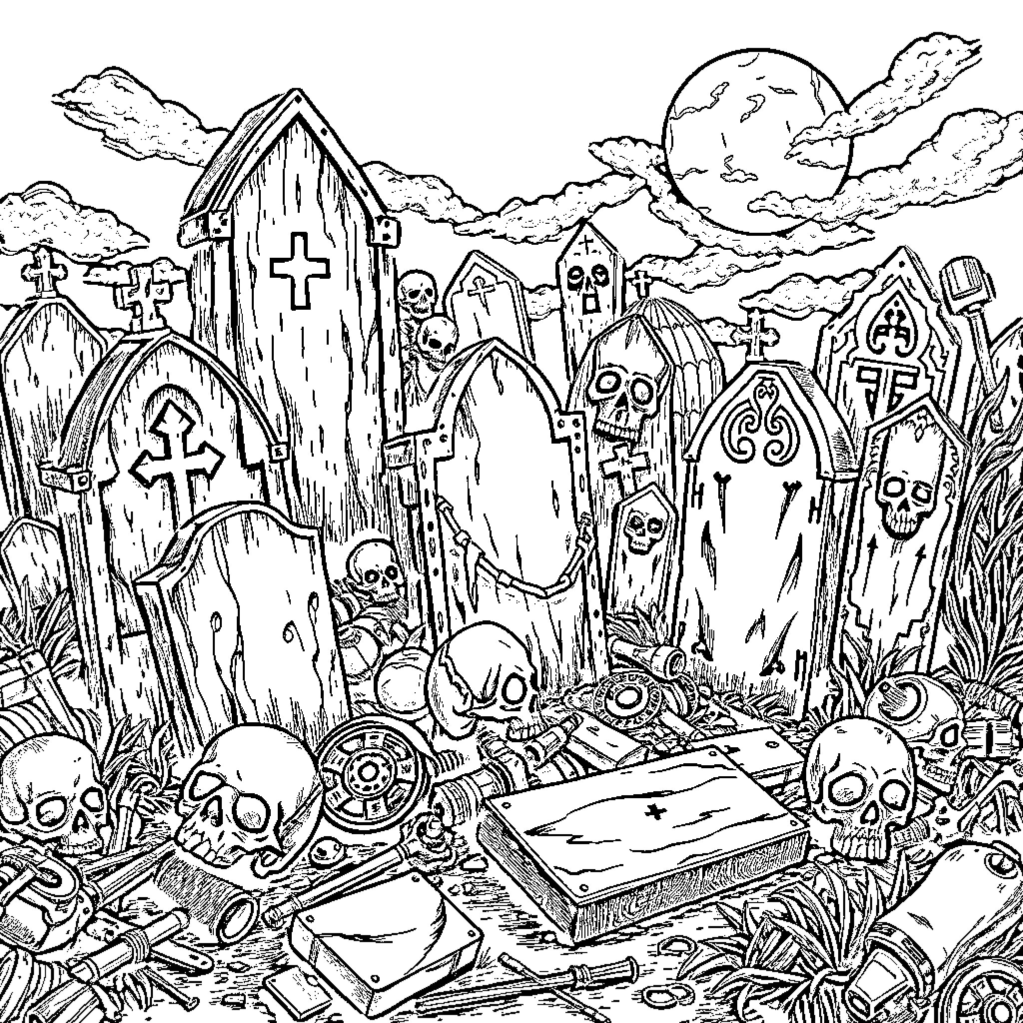 Graveyard with Gothic Tombstones and Haunting Imagery Coloring Page (free black-and-white line drawing printable PDF for all, from beginners to advanced learners, including children, teens, adults, and seniors)