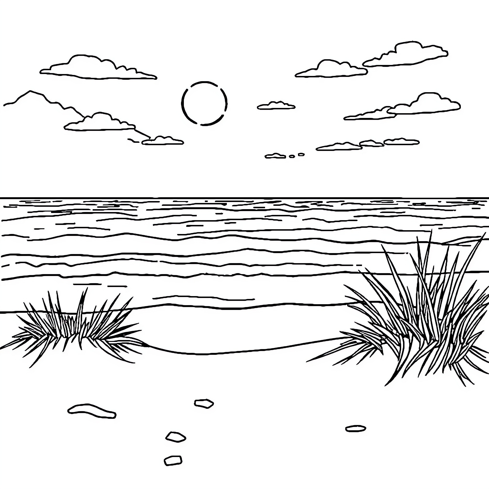 Beach scene with waves, clouds, and vegetation Coloring Page (free black-and-white line drawing printable PDF for all, from beginners to advanced learners, including children, teens, adults, and seniors)