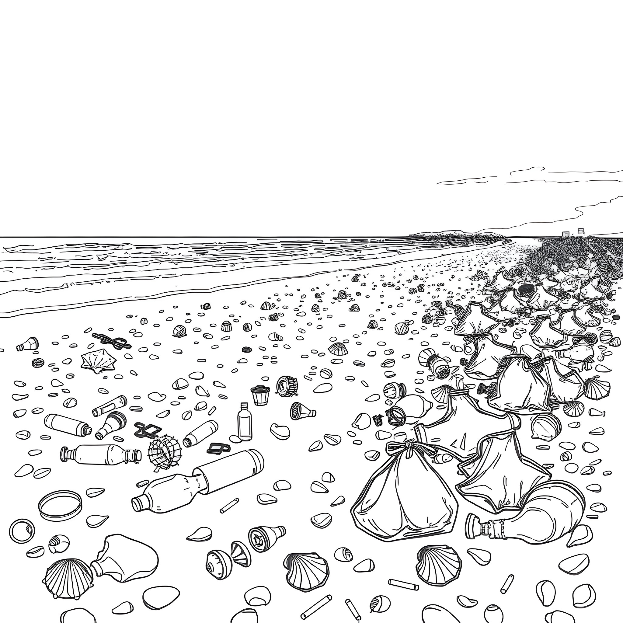 Beach scene with scattered shells and debris Coloring Page (free black-and-white line drawing printable PDF for all, from beginners to advanced learners, including children, teens, adults, and seniors)