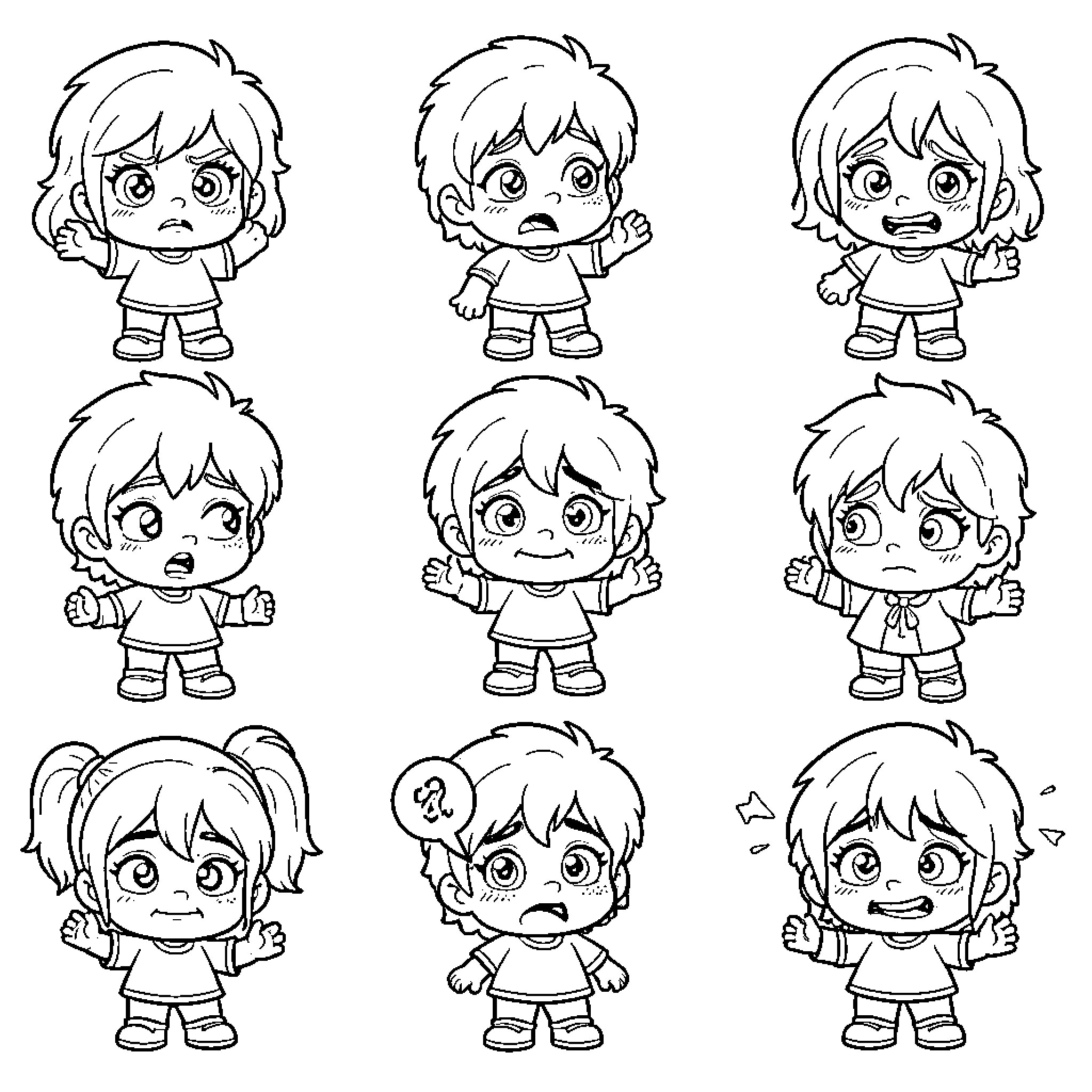 Muñeco mostrando diversas expresiones faciales y gestos Coloring Page (free black-and-white line drawing printable PDF for all, from beginners to advanced learners, including children, teens, adults, and seniors)