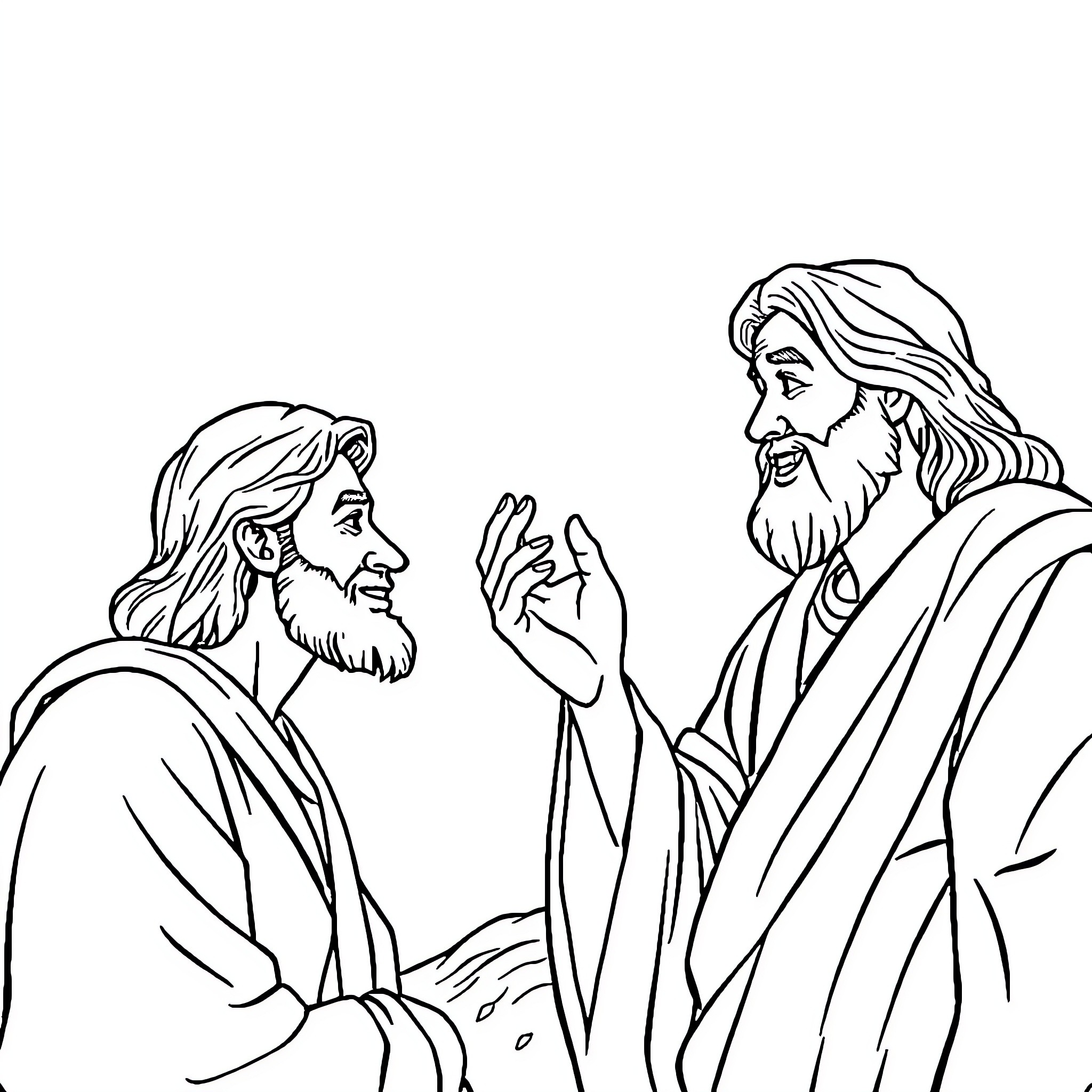 Jesus Teaches with Hands Raised in Dialogue Coloring Page (free black-and-white line drawing printable PDF for all, from beginners to advanced learners, including children, teens, adults, and seniors)