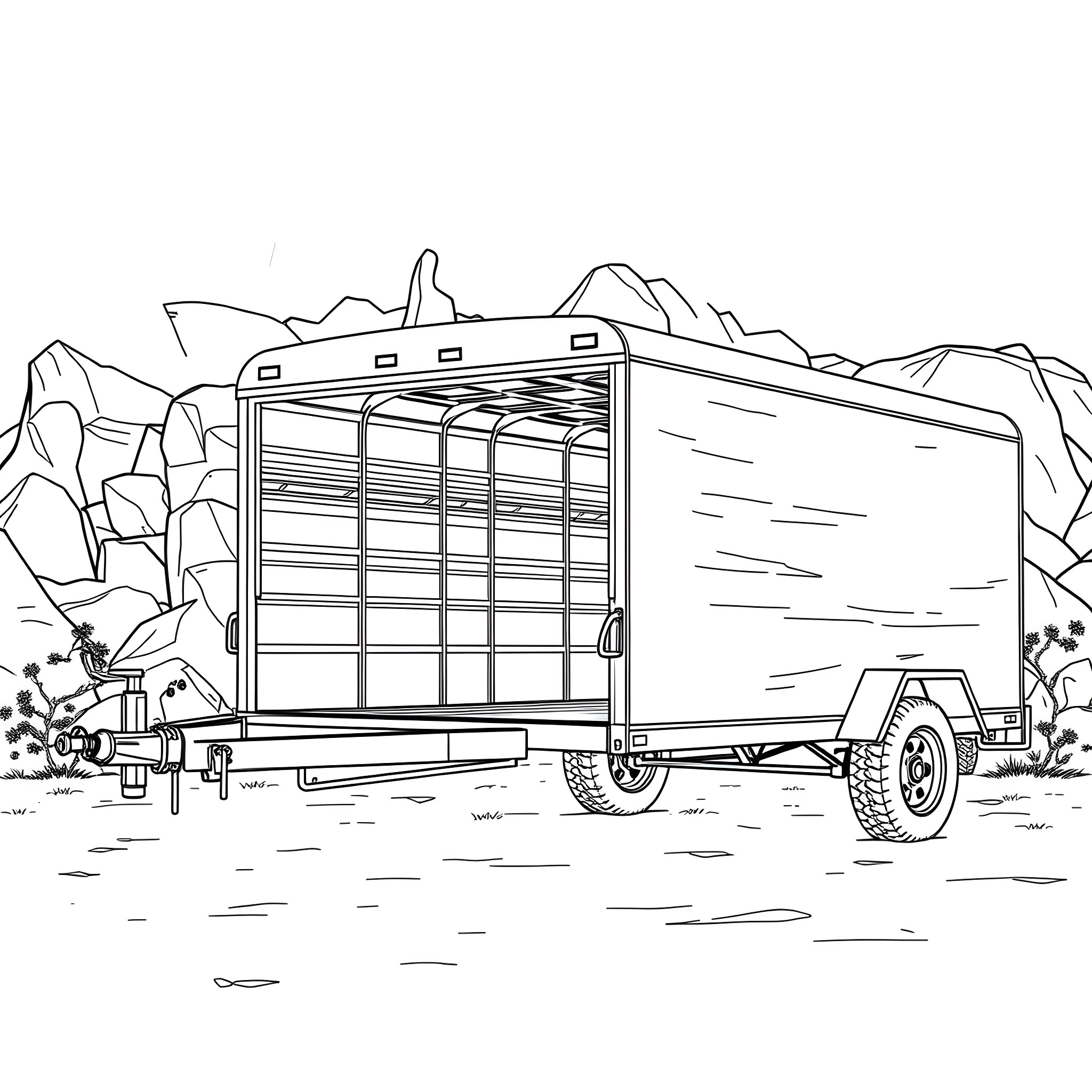 Car Trailer Transporting Goods in the Mountains Coloring Page (free black-and-white line drawing printable PDF for all, from beginners to advanced learners, including children, teens, adults, and seniors)